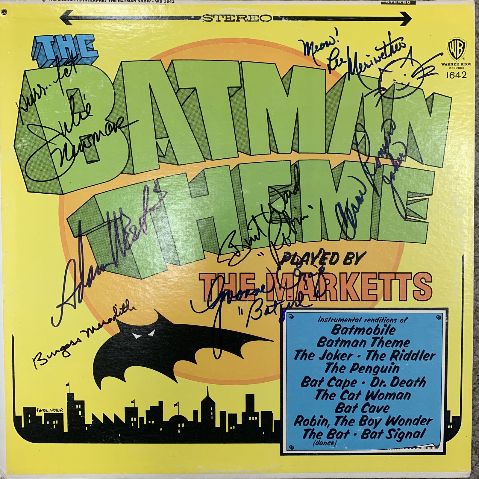 Batman cast signed sound track: Batman cast signed sound track autographed by Adam West, Burt Ward, Julie Newmar, Lee Meriwether, Cesar Romero, Burgess Meredith and Yvonne Craig