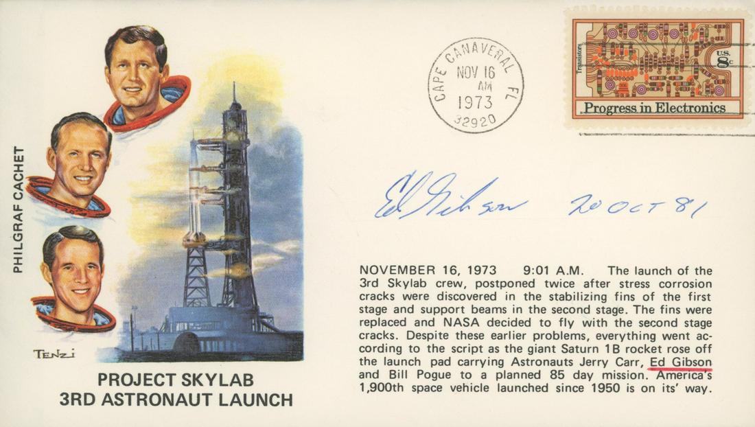 Ed Gibson signed Project Skylab cover: Ed Gibson signed Project Skylab Third Astronaut Launch cover, 20 Oct 1981, postmarked Cape Canaveral, FL 1973