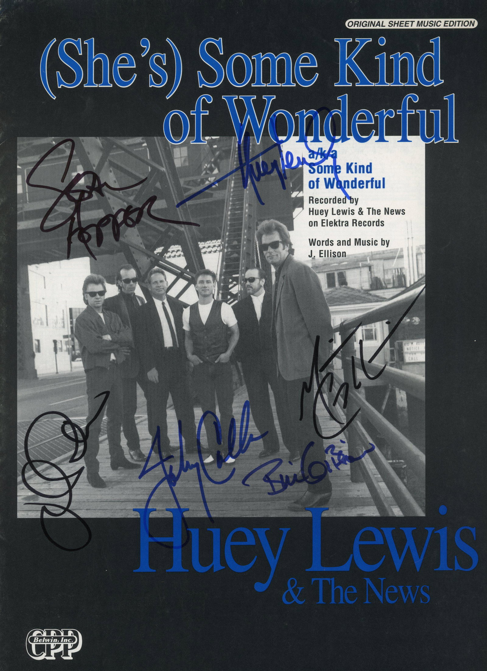 Huey Lewis and the News signed music sheet: Huey Lewis and the News She's Some Kind of Wonderful signed music sheet autographed by Johnny Colla, Chris Hayes, Huey Lewis, Mario Cipollina, Bill Gibson and Sean Hopper