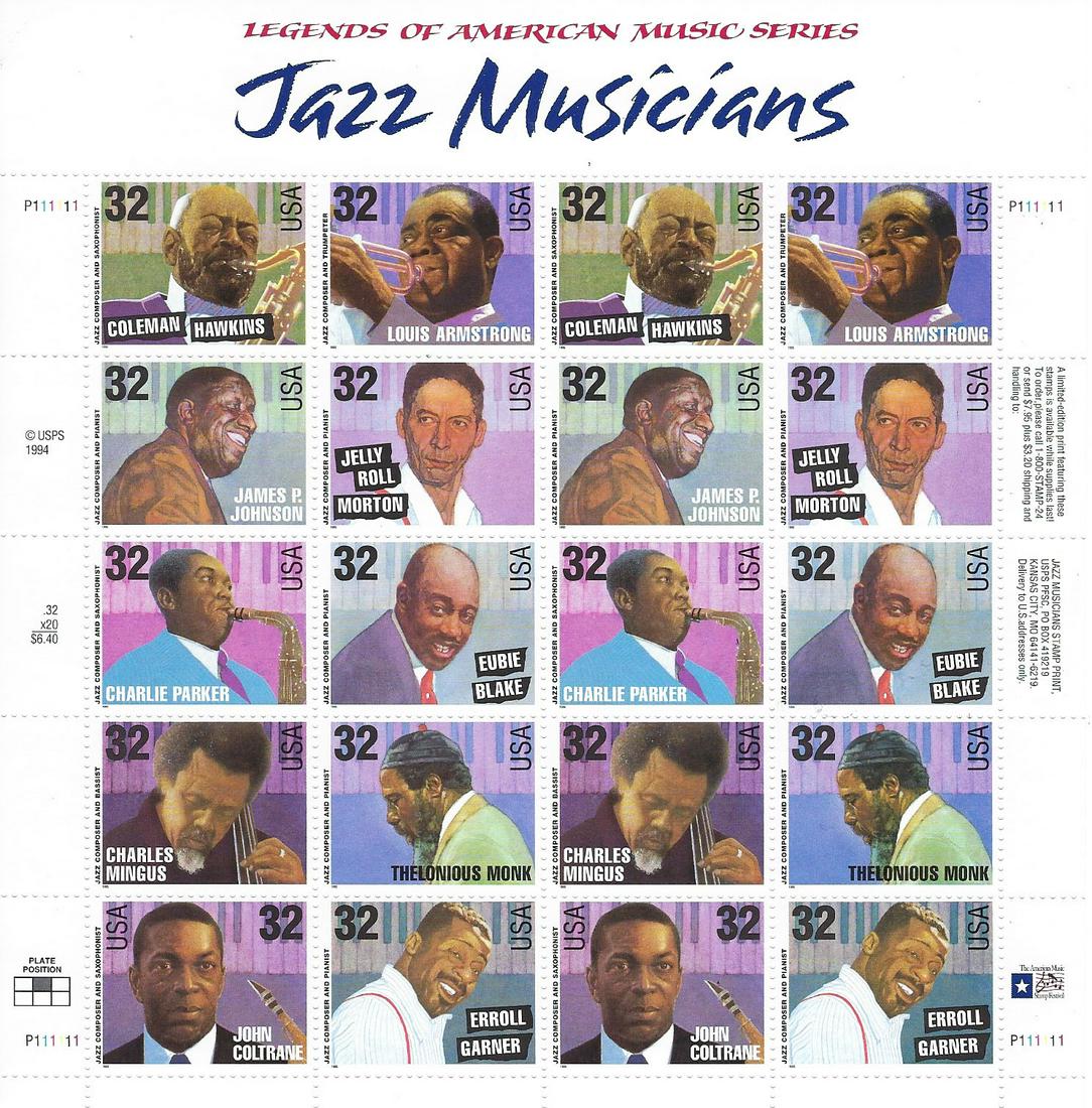 Jazz Musicians Stamps: Jazz Musicians Sheet of Twenty 32 Cent Stamps Scott 2983-92 by USPS, 1995. Featured are: Louis Armstrong, James P. Johnson, Jelly Roll Morton, Charles Parker Jr., Eubie Blake, Charles Mingus, Thelonio