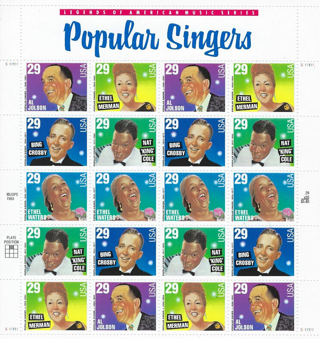 Popular Singers Stamps: USPS 1994 Popular Singers Sheet of Twenty 29 Cent Stamps Scott 2849-2853, The featured perfomers were Nat "King" Cole, Ethel Merman, Bing Crosby, Al Jolson and Ethel Waters.
