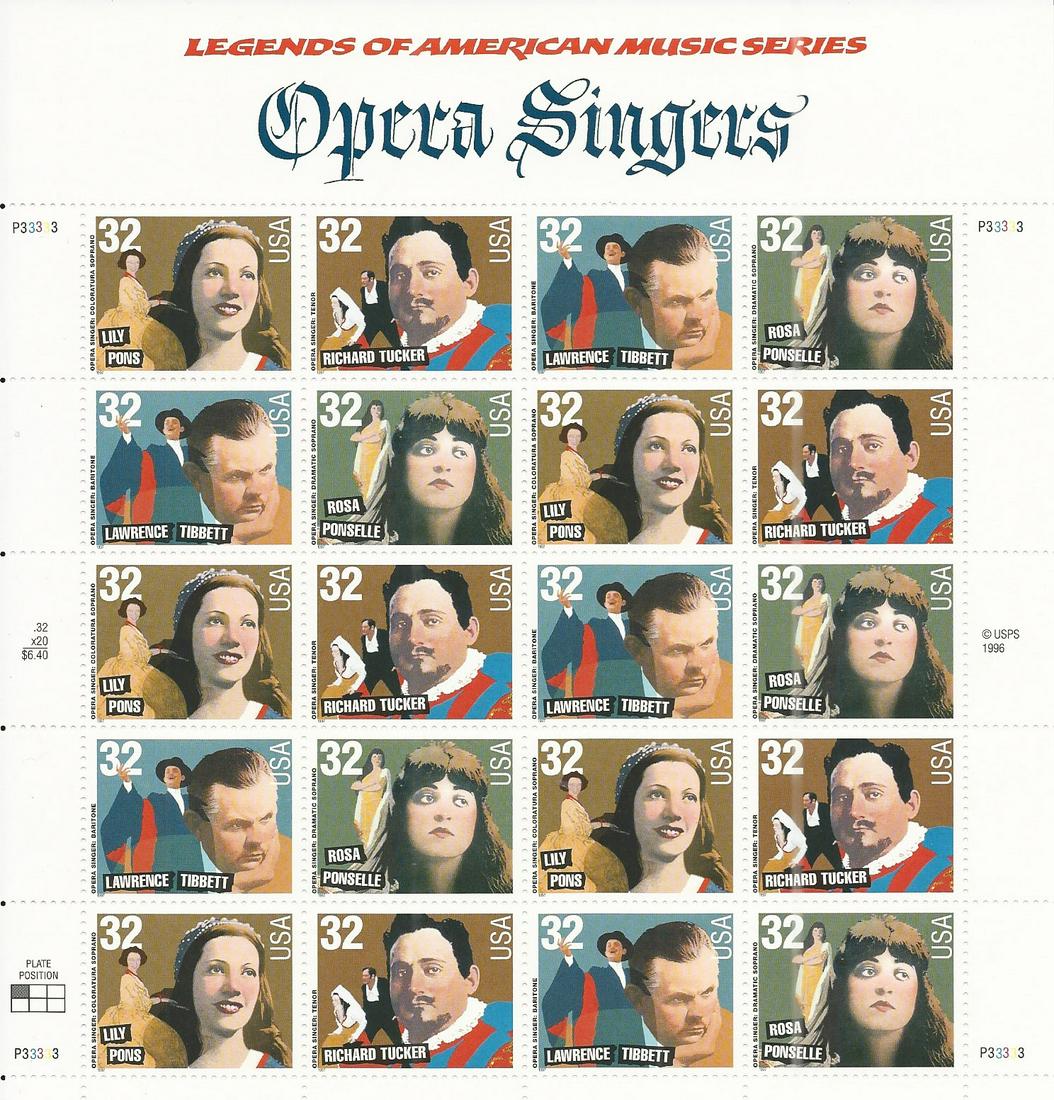 Opera Singers Stamps: USPS Opera Singers Sheet of Twenty 32 Cent Stamps Scott 3154-57