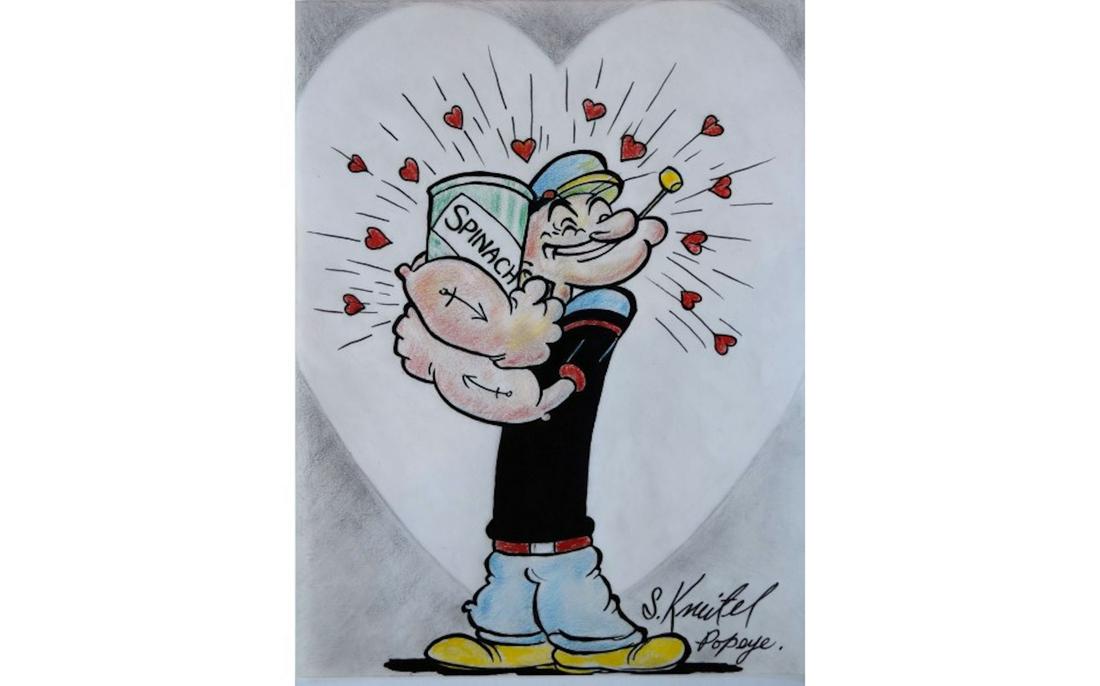 Seymour Kneitel original signed Popeye drawing: Popeye Loving His Spinach original hand drawn signed sketch autographed by Seymour Kneitel. 7 1/4 x 9 3/4 Inches