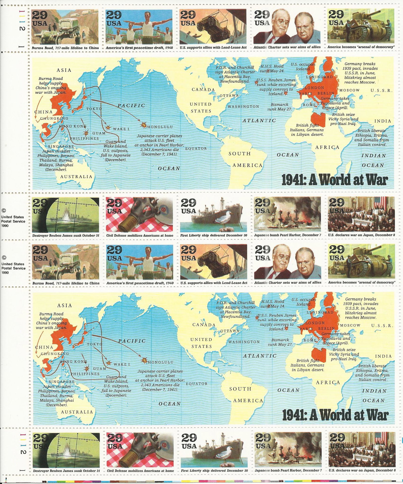 1941 WWII A World At War Stamps: 1941 WWII A World At War Collectible 29 Cent Stamp Sheet. New full sheet of (20) stamps (catalog #2559) no longer sold by USPS. Features 10 images of World War II with a world map and war history Perf