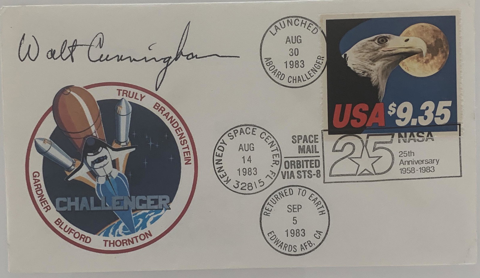 Walter Cunningham signed flown in space Challenger: Astronaut Walter Cunningham signed Challenger first day cover. This STS-8 light cover was ACTUALLY flown in space on 8/30/83 and is hand signed by Walter Cunningham Apollo 7 astronaut