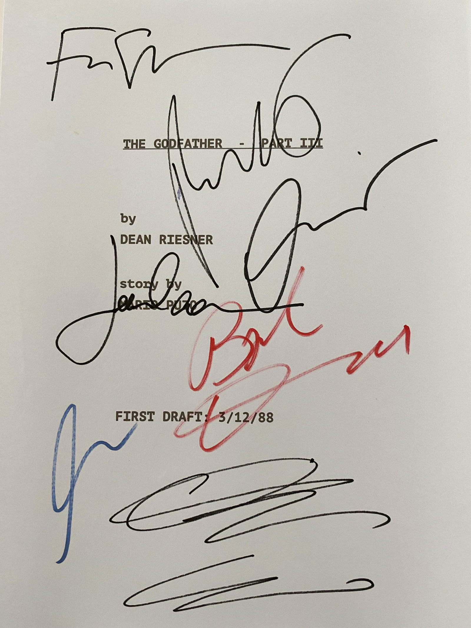 The Godfather Part III signed script cover: The Godfather Part III signed script cover autographed by Al Pacino, Robert Duvall, Robert DeNiro, James Caan, Diane Keaton and Francis Ford Coppola. 8.5x11 inches