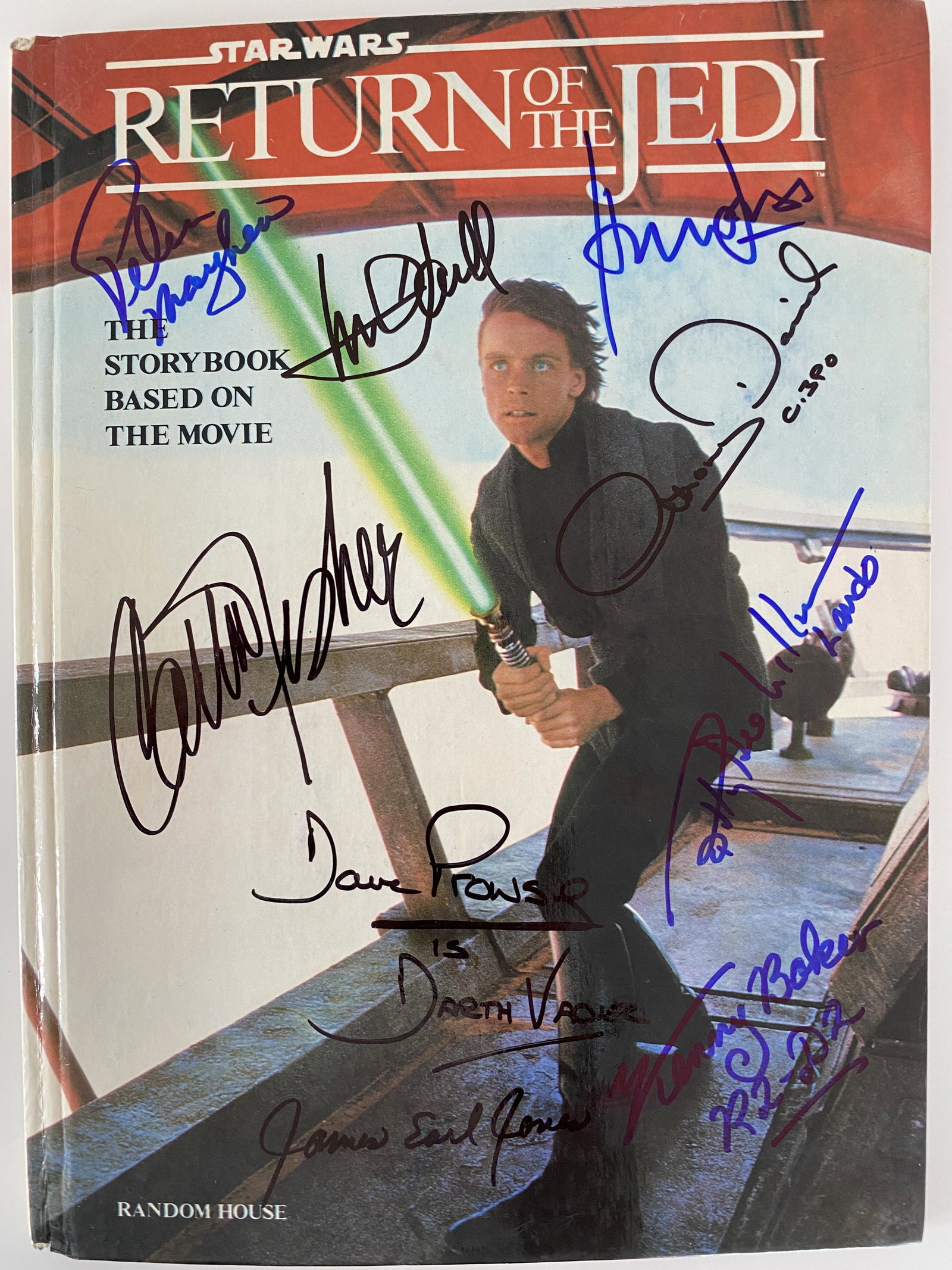 Return of the Jedi cast signed book: Return of the Jedi cast signed book autographed by Mark Hamill, Carrie Fisher, Harrison Ford, Peter Mayhew, Kenny Baker, Anthony Daniels Billy Dee Williams, James Earl Jones and Dave Prowse. 8x11 inch