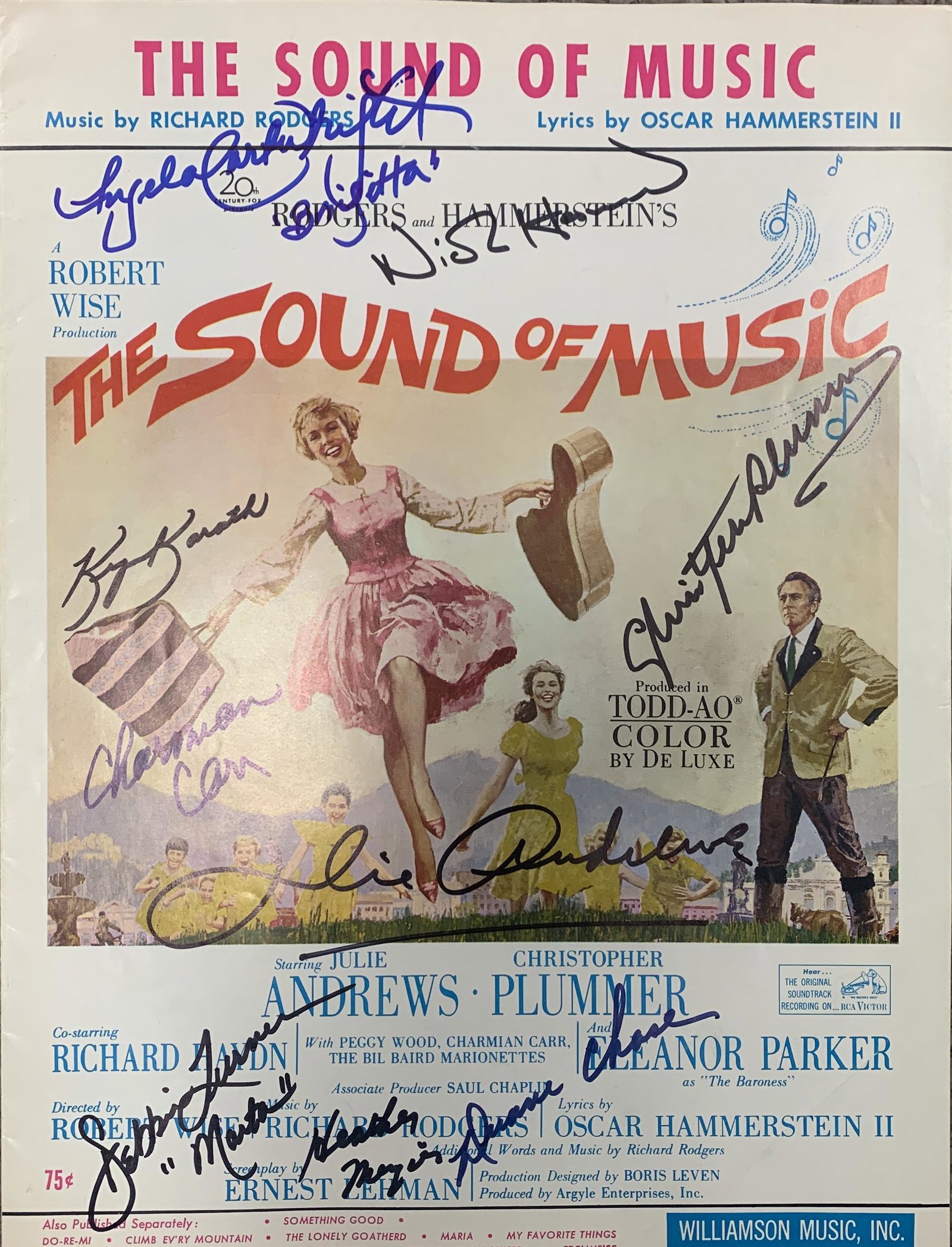 Sound Of Music cast signed sheet music: Sound Of Music cast signed sheet music autographed by Julie Andrews, Christopher Plummer, Charmain Carr, Kym Karath, Heather Menzies, Duane Chase, Debbie Turner, Nick Hammond and Angela Cartwright. 9x
