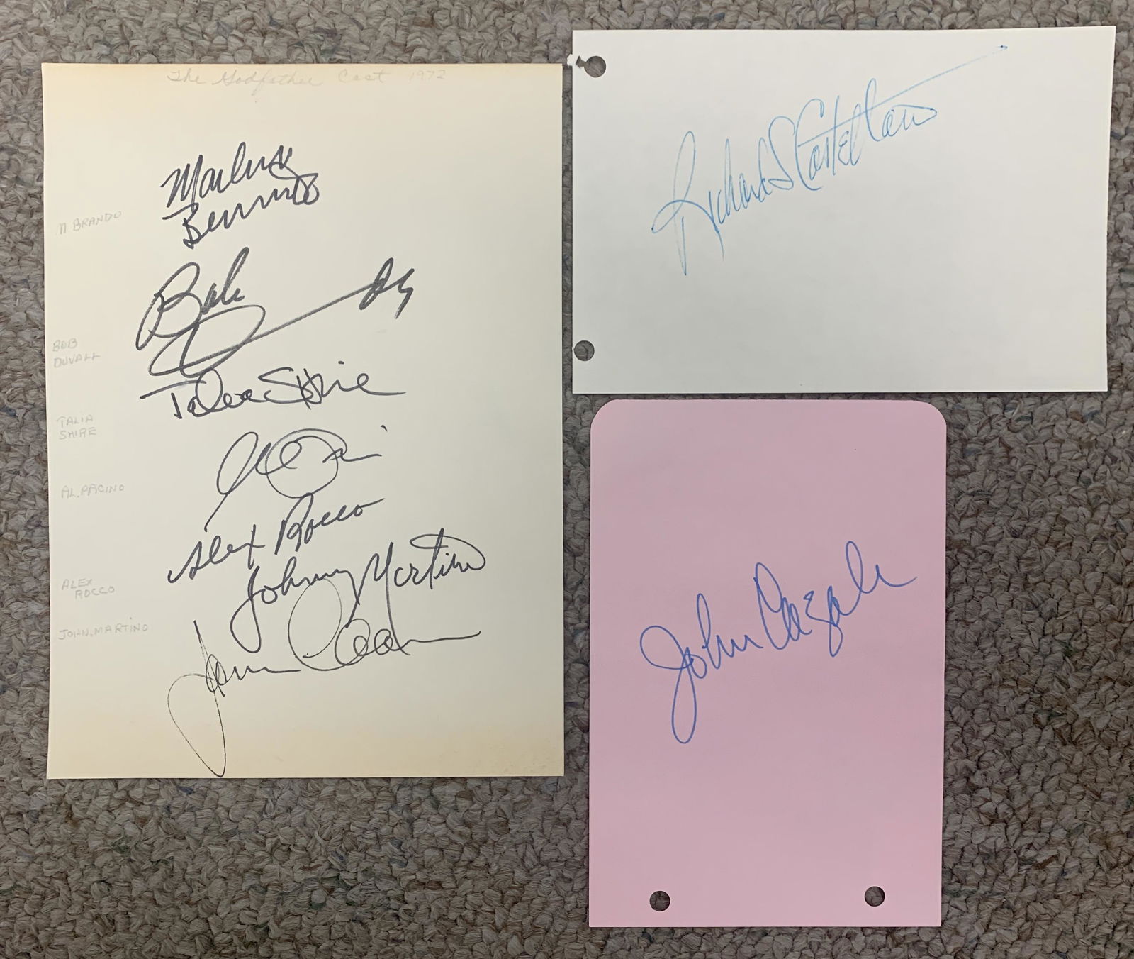 The Godfather cast signature pages: The Godfather cast signature pages autographed by Marlon Brando, Robert Duvall, Talia Shire, Al Pacino, Alex Rocco, John Martino, James Caan, John Casale and Richard Castellano. 6x9 inches