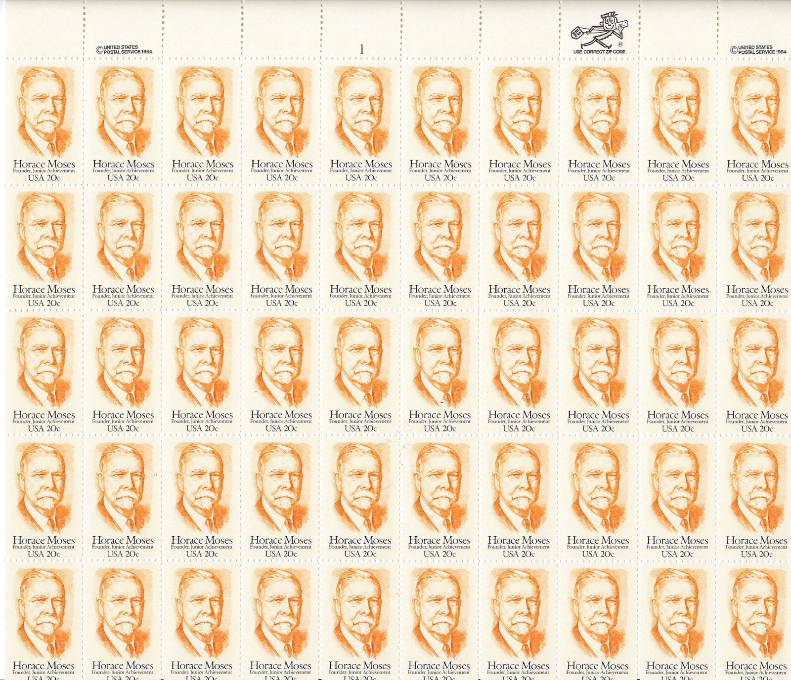 Horace Moses USA Stamp sheet: Horace Moses USA Stamp sheet FULL 50 x 20 cents stamps