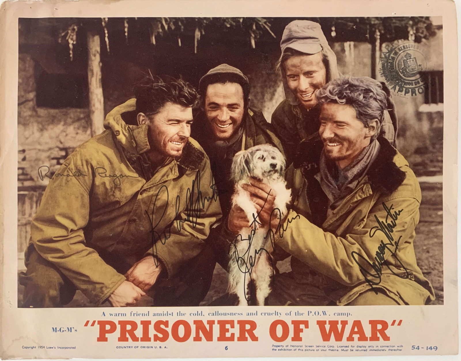 Prisoner Of War Ronald Reagan signed lobby card: Prisoner Of War signed lobby card autographed by Ronald Reagan, Dewey Martin, Robert Horton and Jerry Paris. 11x14 inches