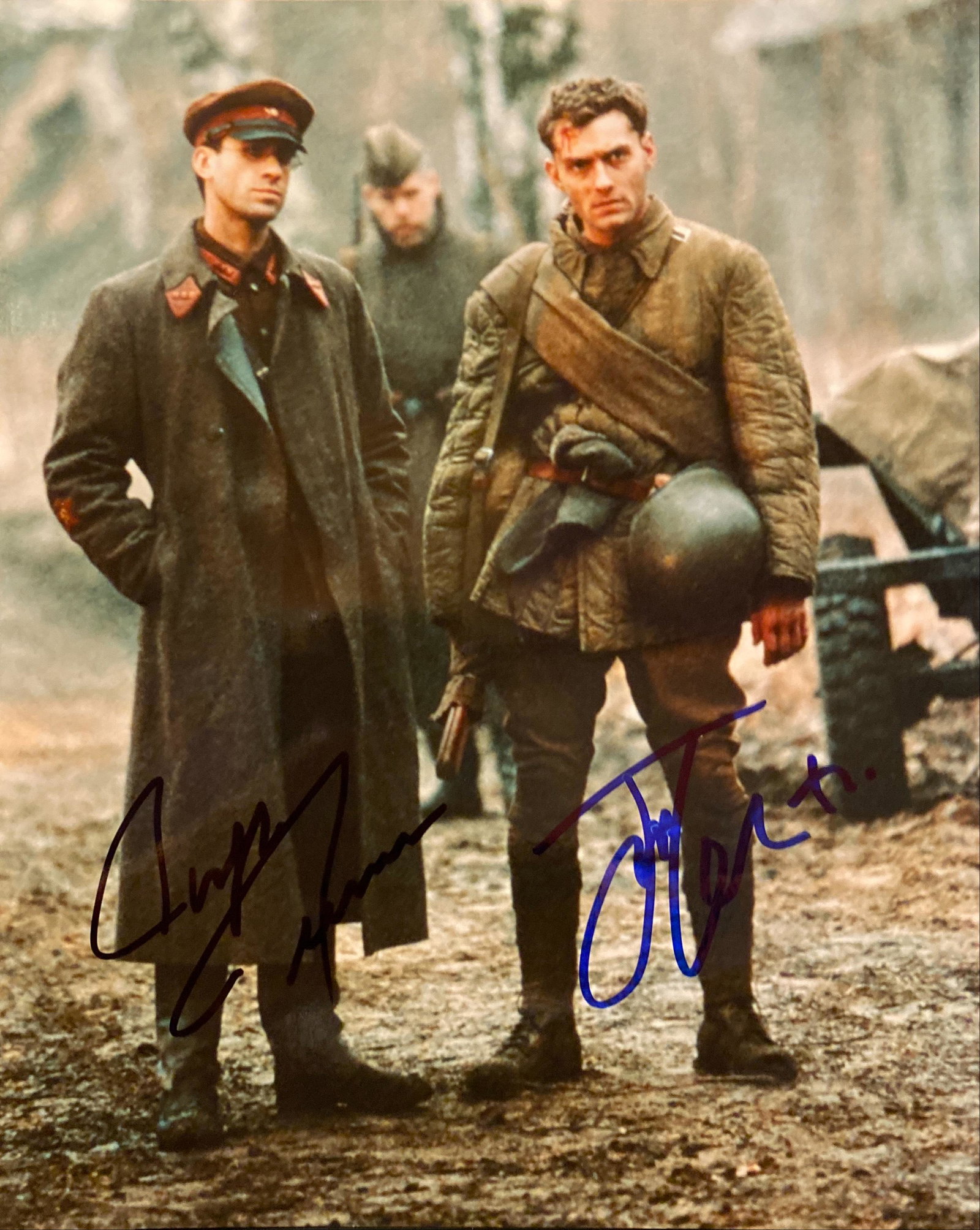 Enemy at the Gates Jude Law and Joseph Fiennes signed: Enemy at the Gates signed movie photo autographed by Jude Law and Joseph Fiennes. 8x10 inches
