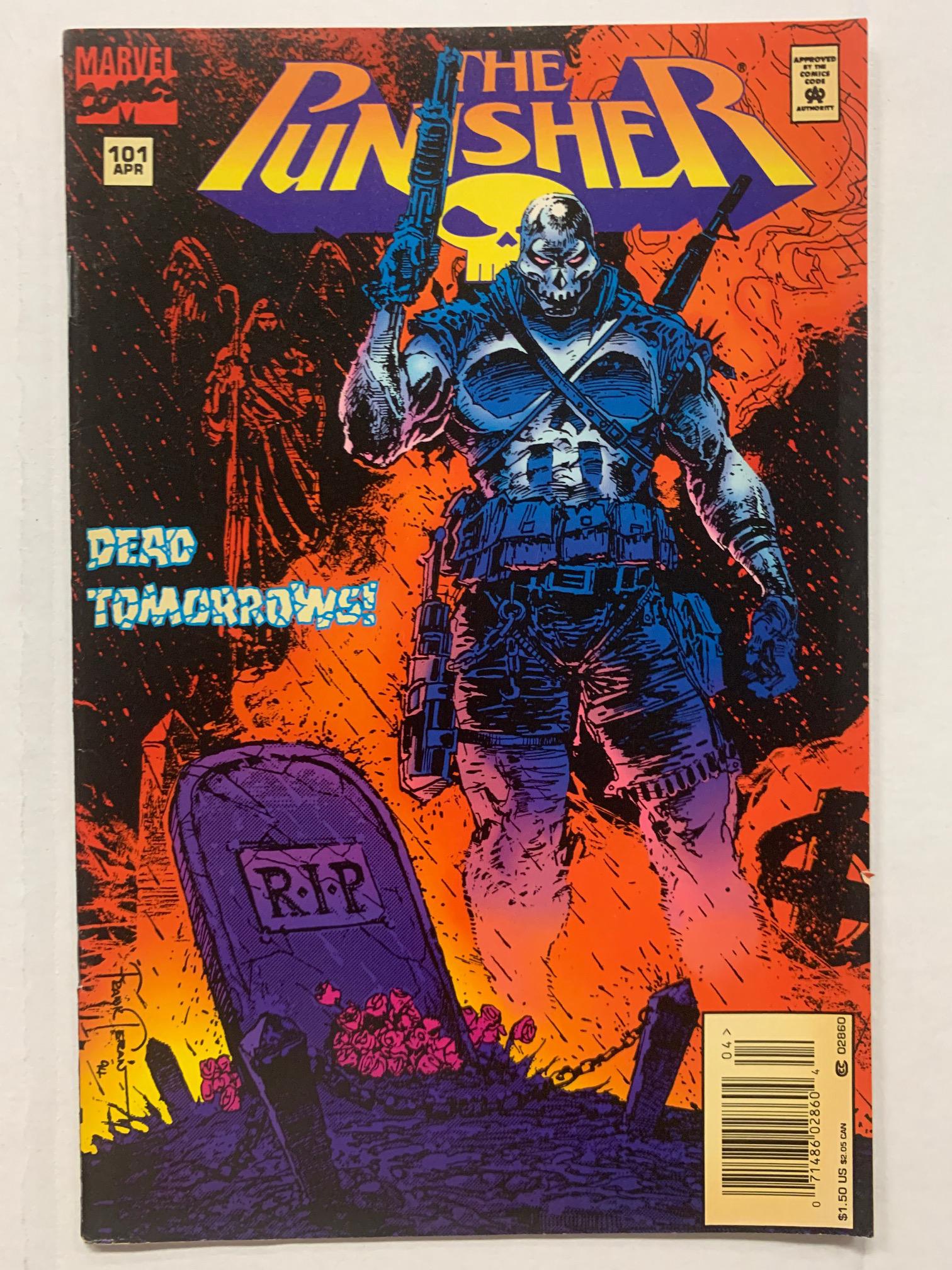 The Punisher Marvel Comic Book #101: Punisher (1987 2nd Series) #101 "Dead Tomorrows". Cover art by Frank Teran, script by Chuck Dixon, pencils by Rod Whigham, inks by Tim Tuohy, Elman Brown, Michael Higgins, and Jay Oliveras; Rosalie hi
