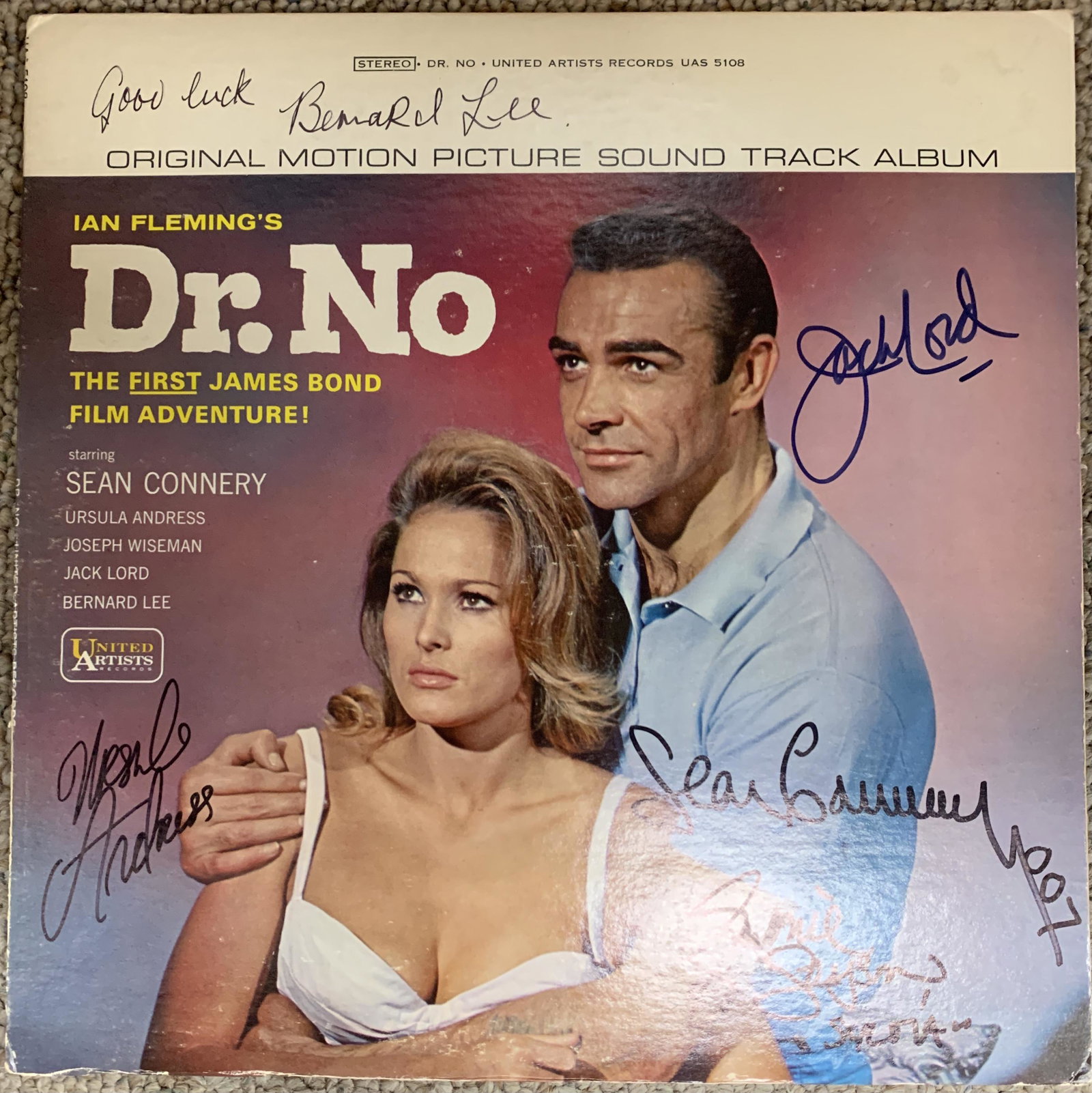 James Bond Dr. No cast signed sound track: James Bond Dr. No cast signed sound track autographed by Sean Connery, Bernard Lee, Jack Lord, Ursula Andress and Eunice Gayson. 12x12 inches