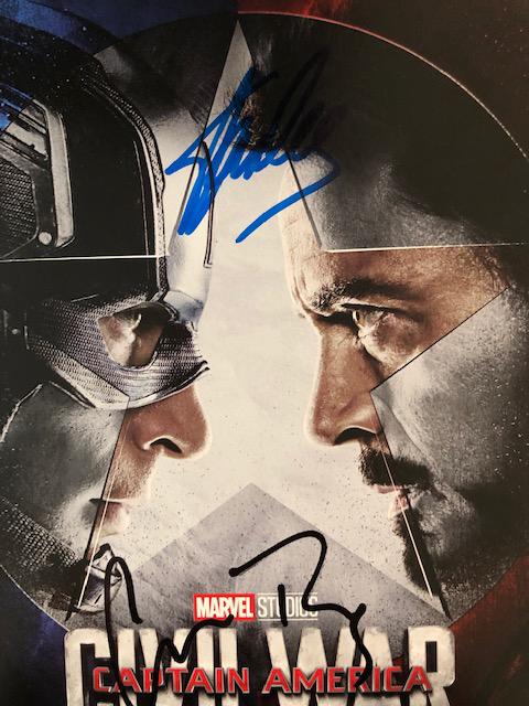 Captain America Civil War signed Marvel postcard: Captain America Civil War Marvel postcard signed by Stan Lee, Chris Evans and Robert Downey Jr. 5.5x7 inches