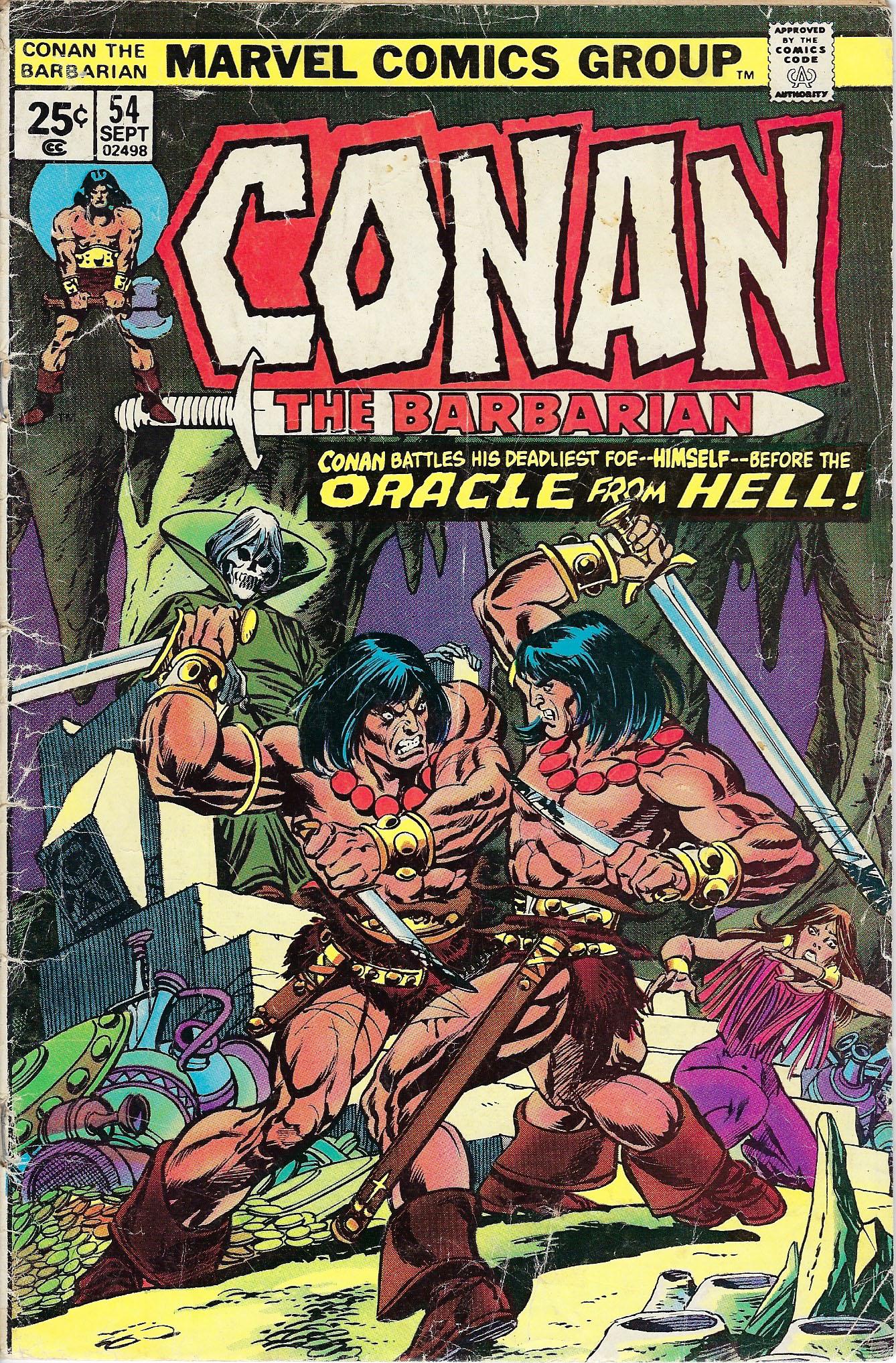Conan The Barbarian Marvel Comic Book #54: Conan The Barbarian #54, 1975, Cover pencils by Gil Kane, inks by Tom Palmer. The Oracle of Ophir, script by Roy Thomas, pencils by John Buscema, inks by Tom Palmer; setting: City of Ronnoco & nearby 