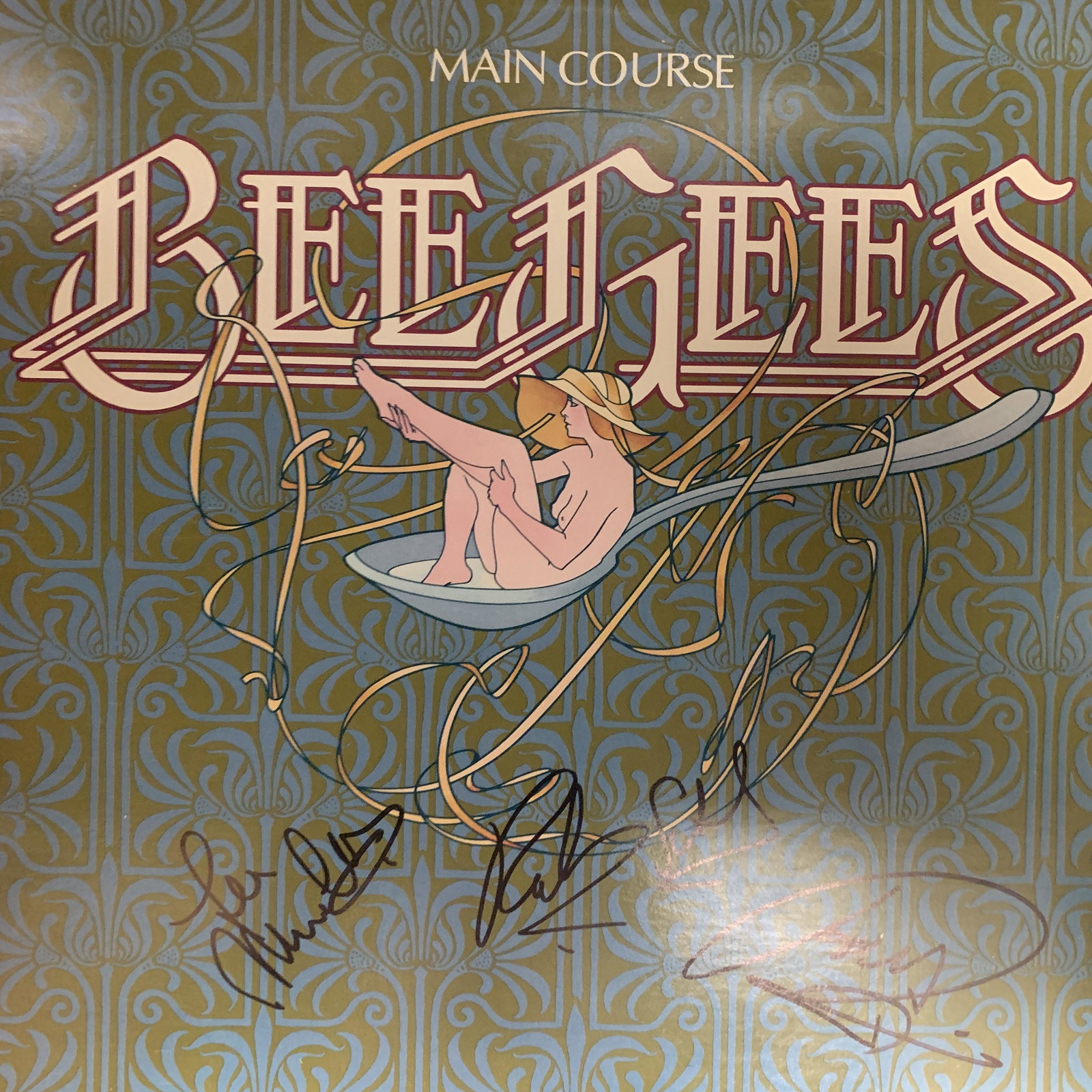 Bee Gees signed Main course album: Bee Gees signed Main course album autographed by Barry Gibb, Robin Gibb and Maurice Gibb