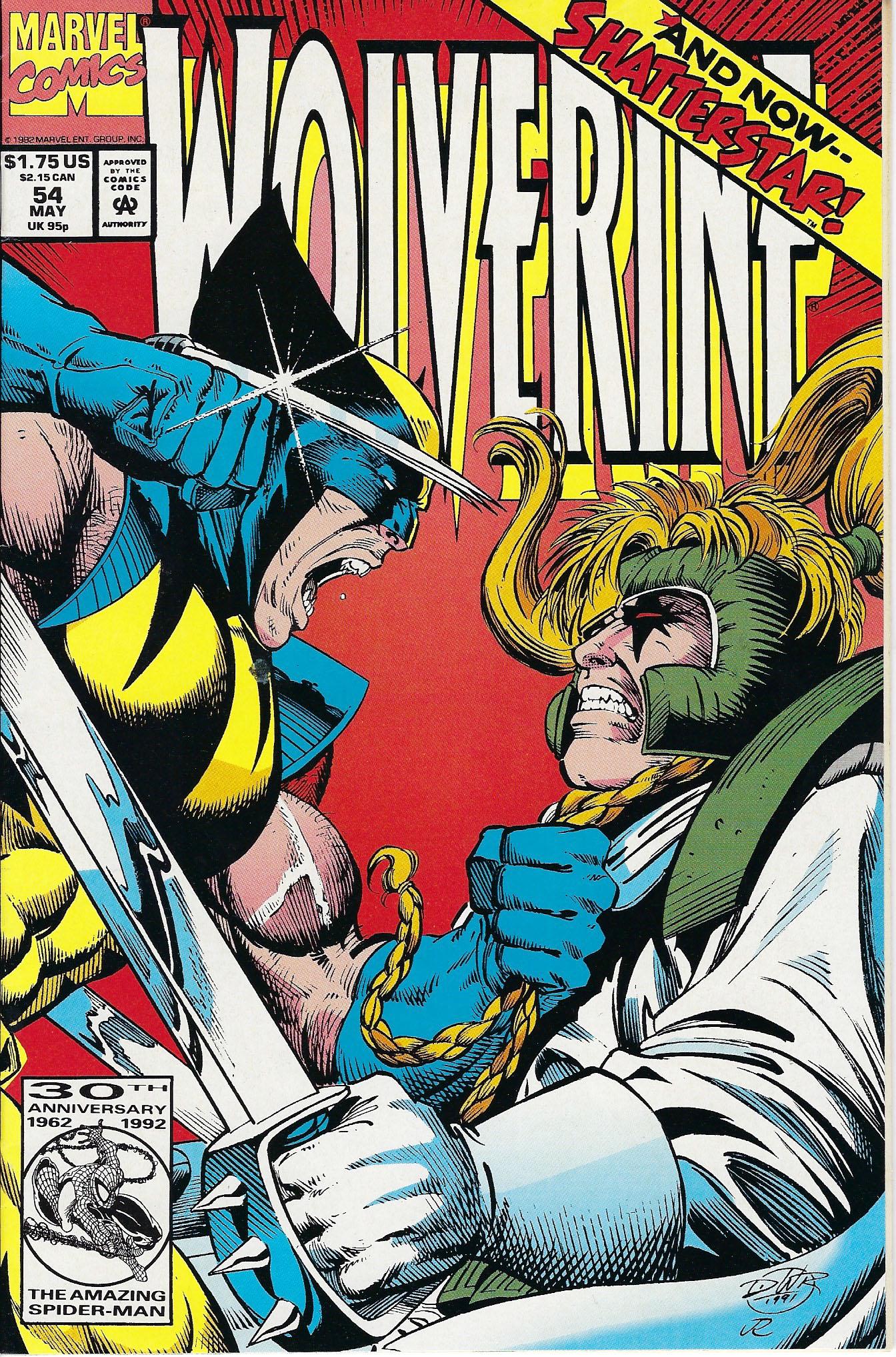 Wolverine Marvel Comic Book #54: Wolverine #54, 1992, Station Identification! Guest-starring Shatterstar. Written by Larry Hama. Art by Marc Silvestri and Dan Green. Wolverine and Shattersar from X-Force team-up to take down a street