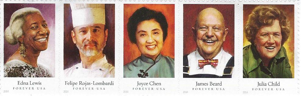 Celebrity Chefs Stamps: 5 x 49c 2014 First-Class Forever Stamp - Celebrity Chefs. The stamps picture James Beard, Julia Child, Joyce Chen, Edna Lewis, and Felipe Rojas-Lombardi. The stamps feature digital illustrations by Ja