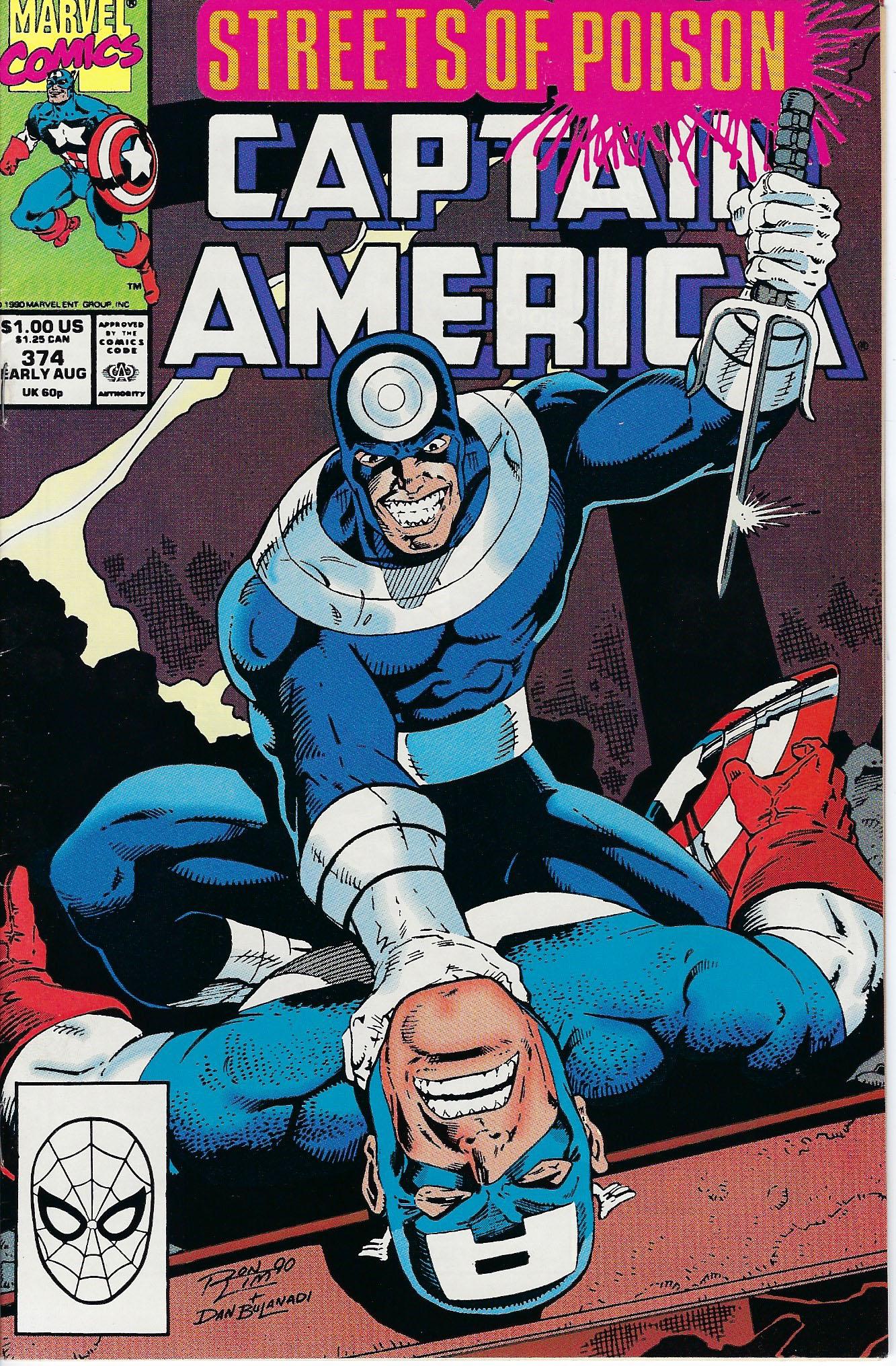 Captain America Marvel Comic Book #374: Captain America #374, 1990, Streets of Poison: Part 3 of 7 - "Falling Out!" Script by Mark Gruenwald. Pencils by Ron Lim. Inks by Danny Bulanadi. Bullseye and Captain America wage a fierce battle for 