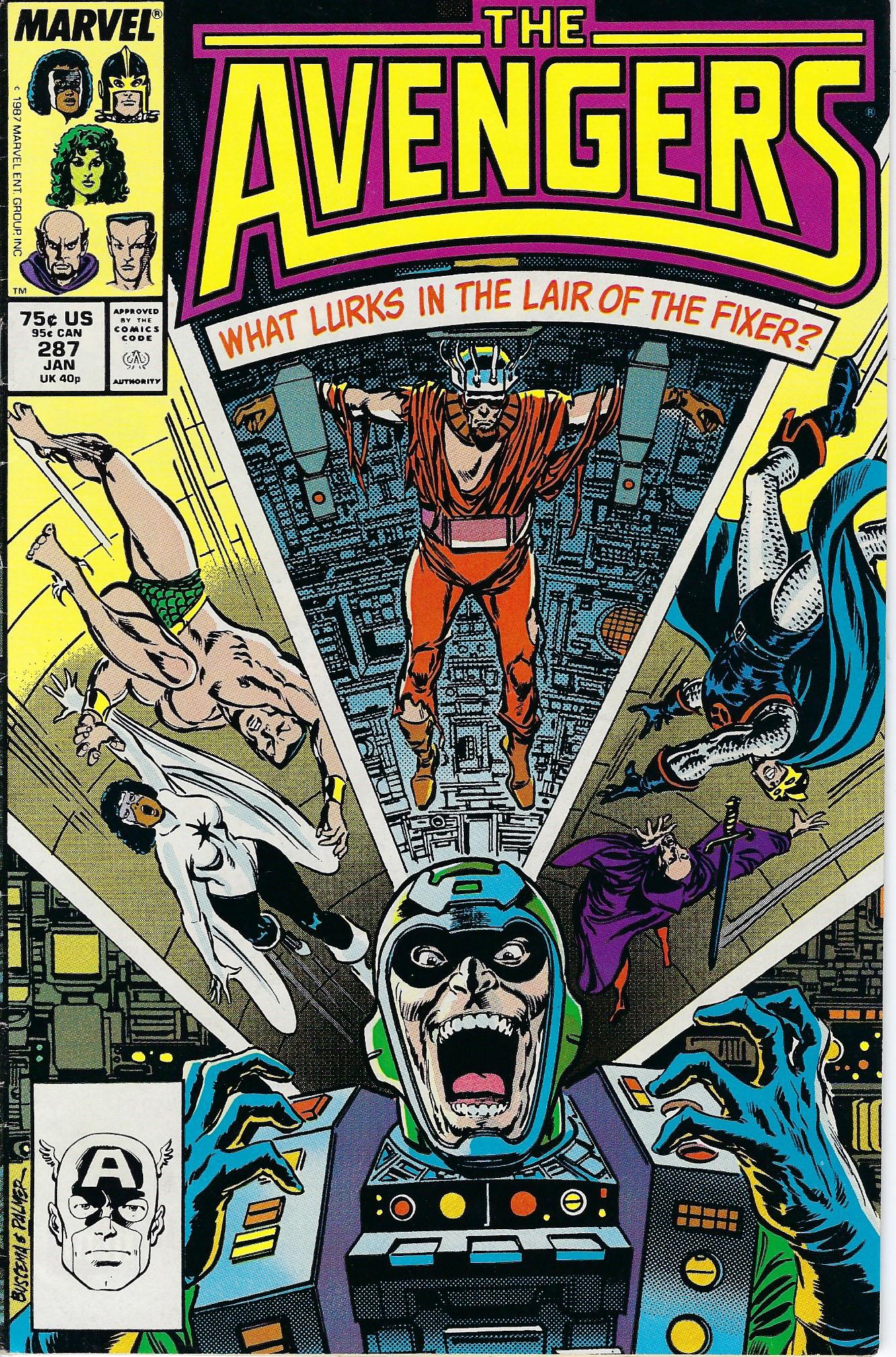 The Avengers Marvel Comic Book #287: The Avengers #287, 1987, "Invasion!" Part 2 of 5. Plot by Roger Stern. Script by Ralph Macchio. Art by John Buscema (breakdowns) and Tom Palmer (finishes). Cover by John Buscema and Tom Palmer. The Av
