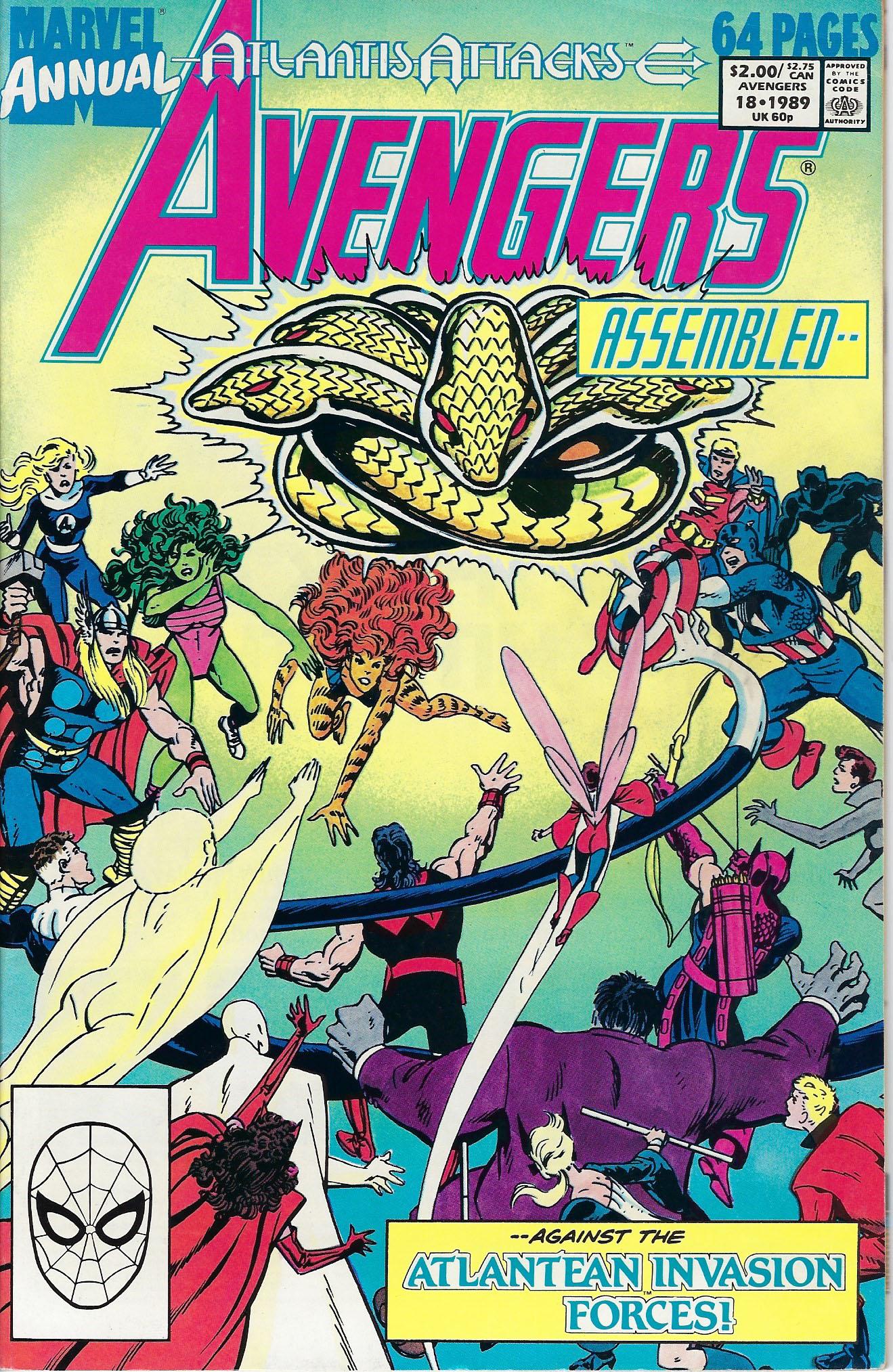 The Avengers Annual Marvel Comic Book #1 Vol.18: The Avengers Annual #1 Vol.18, 1989, "Avengers Assembled" Script by Michael Higgins. Pencils by Ron Wilson. Inks by Mike Gustovich. Cover by John Byrne. Part 8 of the Atlantis Attacks storyline. Story