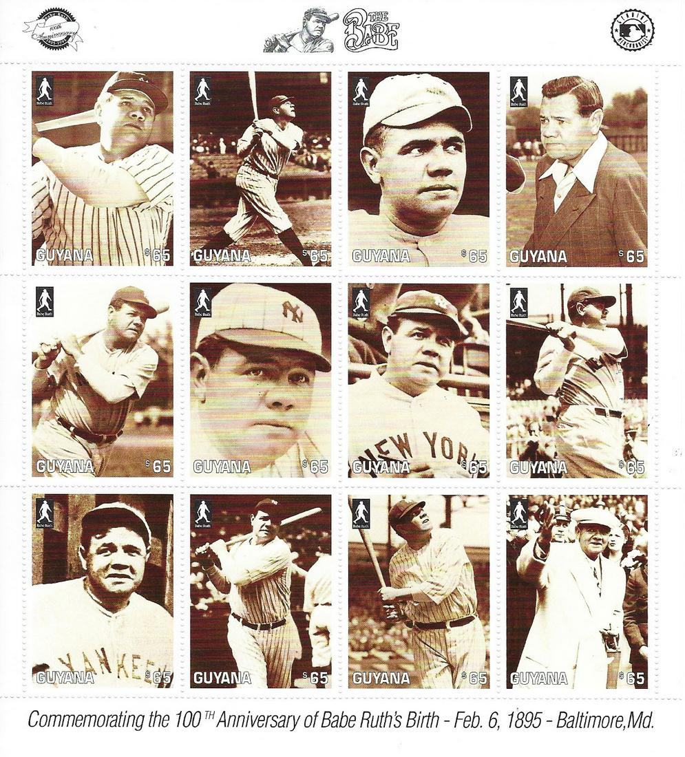 Babe Ruth - Guyana - Commemorative 100th Anniversary: Babe Ruth - Guyana - Commemorative 100th Anniversary Sheet of 12 Stamps