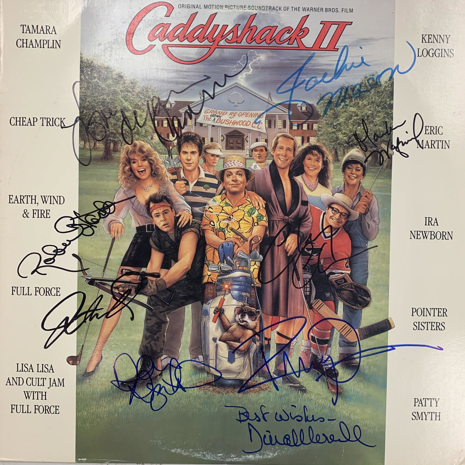 Caddyshack signed album: Caddyshack II cast signed sound track autographed by Jackie Mason, Robert Stack, Dyan Cannon, Dina Merrill, Jonathan Silverman, Chevy Chase, Dan Aykroyd, Marsha Warfield and Randy Quaid