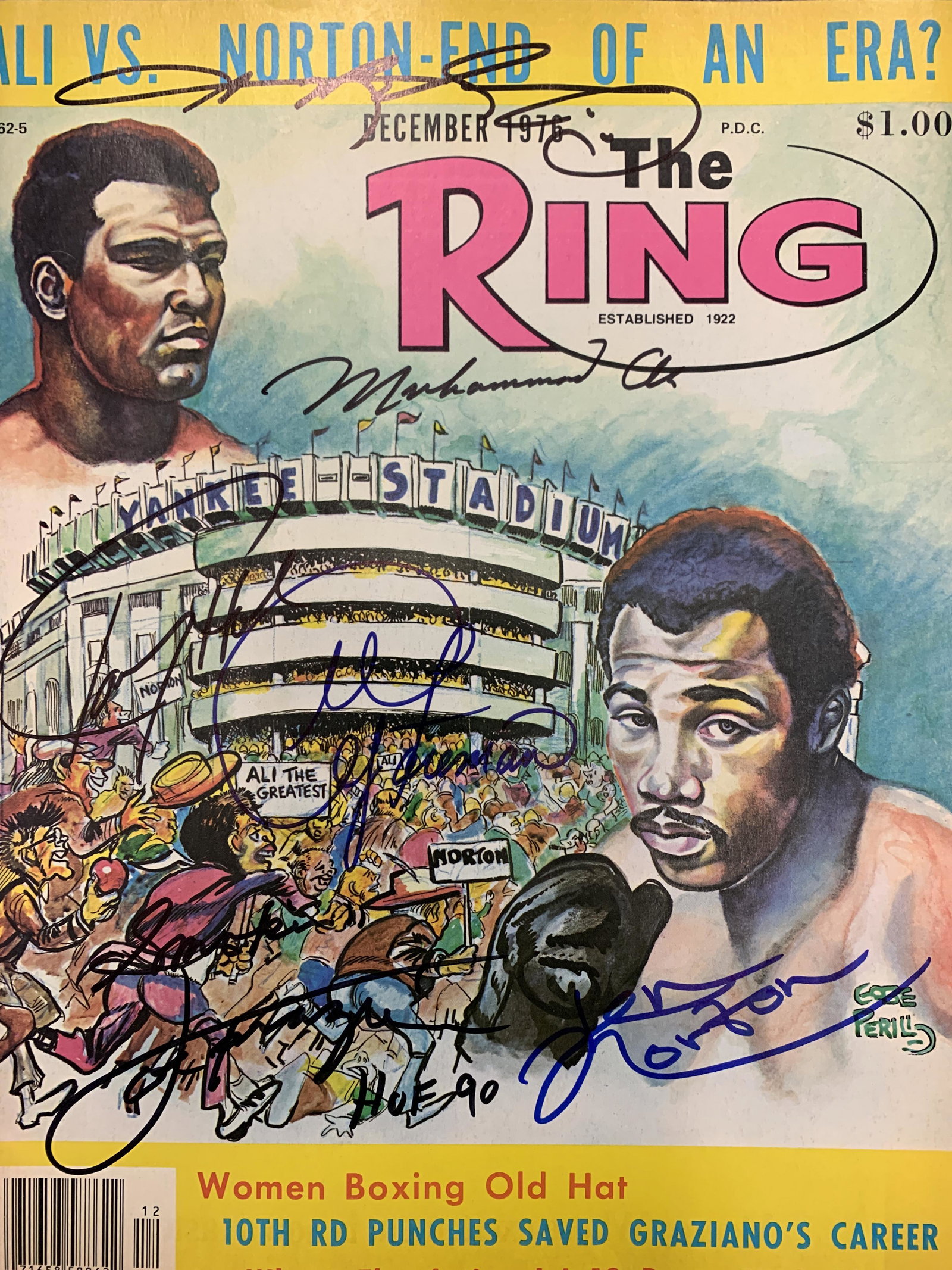 The Ring signed magazine: The Ring (December 1976) signed magazine autographed by Muhammad Ali, Joe Frazier, George Foreman, Ken Norton, Marvin Hagler and Sugar Ray Leonard. 8.5x11 inches