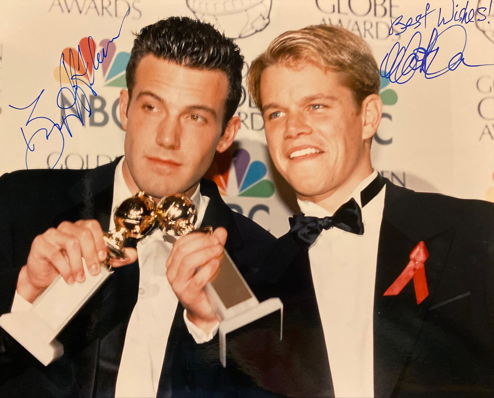 Ben Affleck and Matt Damon signed photo: Ben Affleck and Matt Damon signed photo with Golden Globe Awards for Best Screenplay for Good Will Hunting. 8x10 inches