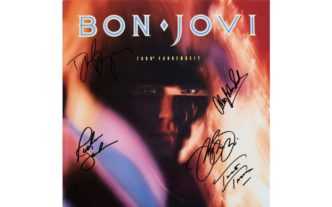 Bon Jovi signed 7800 Fahrenheit album: Bon Jovi signed 7800 Fahrenheit album autographed by Jon Bon Jovi, David Bryan, Richie Sambora, Alec John Such and Tico Torres