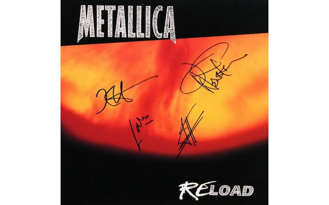 Metallica band signed Reload Album signed record flat: Metallica Reload Album signed record flat autographed by Lars Ulrich, Kirk Hammett, Jason Newsted and James Hetfield