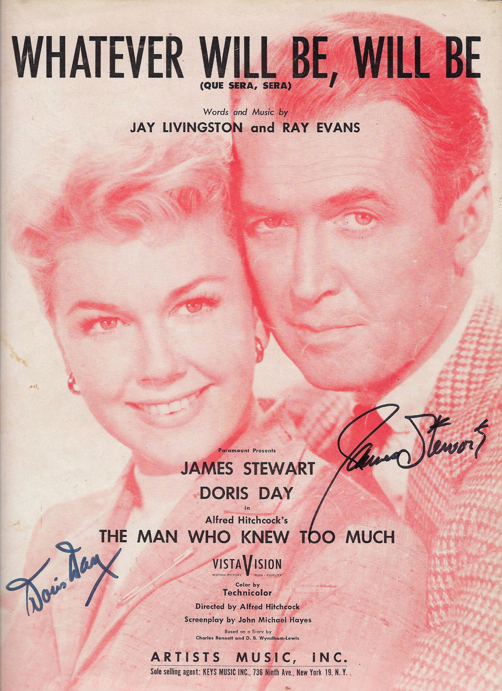Doris Day and Jimmy Stewart signed Whatever Will Be,: Whatever Will Be, Will Be signed Vintage Sheet Music (1955) autographed by Doris Day and Jimmy Stewart. Words and Music by Jay Livingston & Ray Evans, introduce in the Alfred Hitchcock film The Man Wh