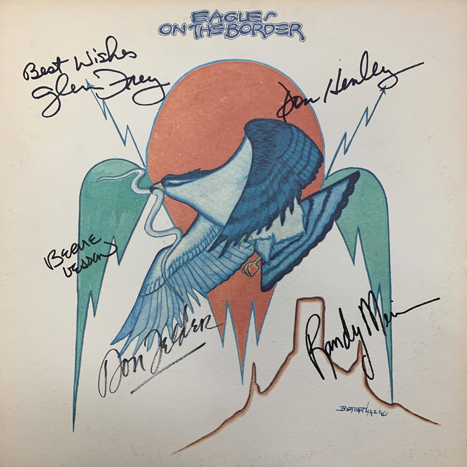 The Eagles signed record: The Eagles On The Border signed album autographed by Don Henley, Glenn Frey, Don Felder, Randy Meisner, Bernie Leadon