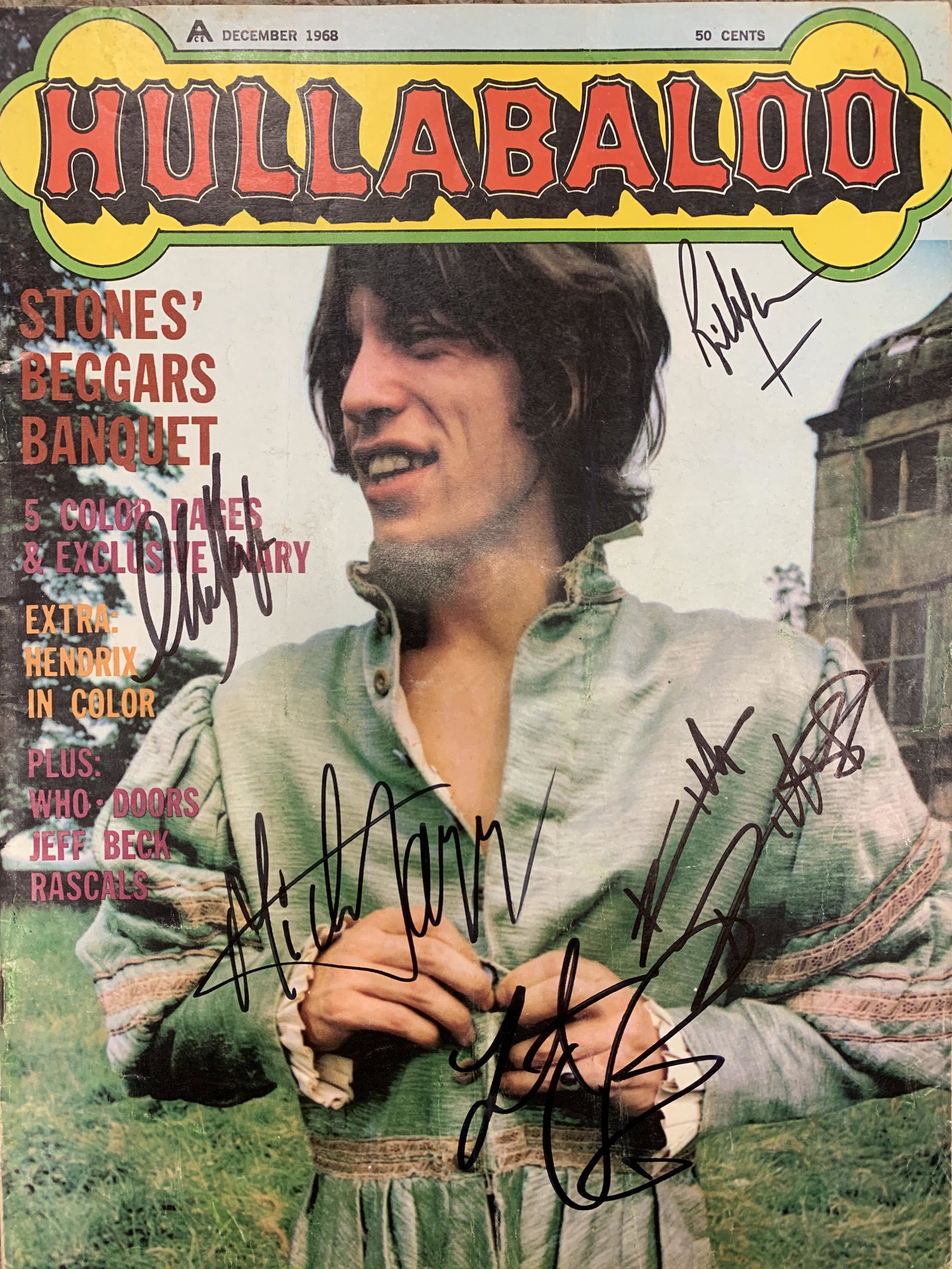 Rolling Stones Hullabaloo signed magazine: Rolling Stones Hullabaloo signed magazine from December of 1968 autographed by Mick Jagger, Keith Richards, Mick Taylor, Bill Wyman and Charlie Watts. 8.5x11 inches