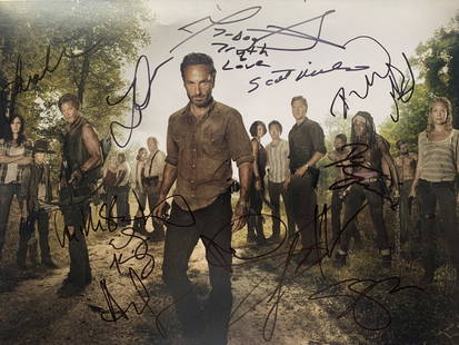 Walking Dead cast signed photo: Walking Dead cast signed photo autographed by Sarah Wayne Callies, Lauren Cohan, Norman Reedus, Melissa McBride, Andrew Lincoln, Scott Wilson, Danai Gurira, Laurie Holden and Steven Yeun. 11x14 inches