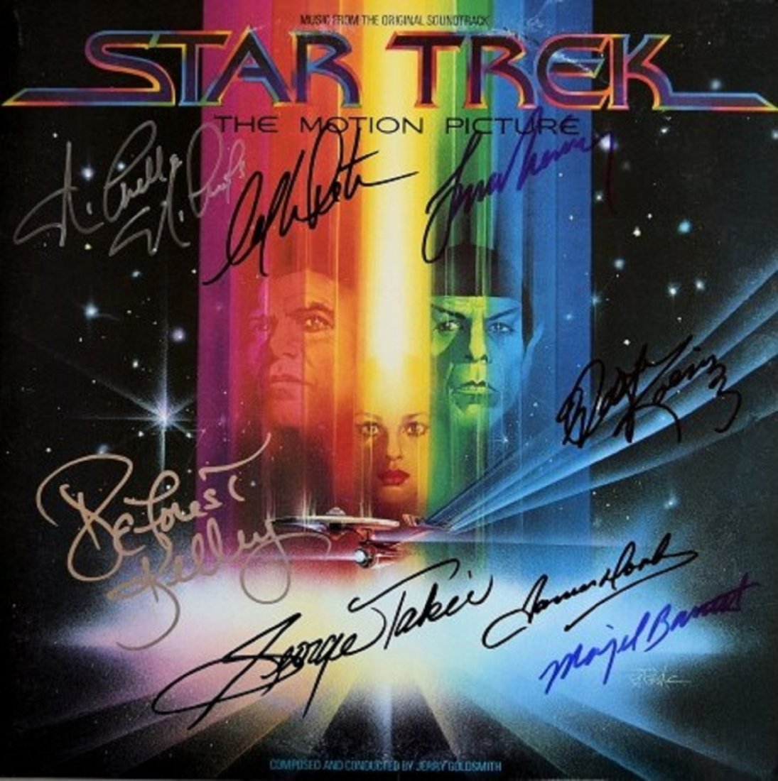 Star Trek cast signed sound track: Star Trek cast signed sound track autographed by William Shatner, Leonard Nimoy, Nichelle Nichols, George Takei, James Doohan, DeForest Kelley and Walter Koenig. 12x12 inches