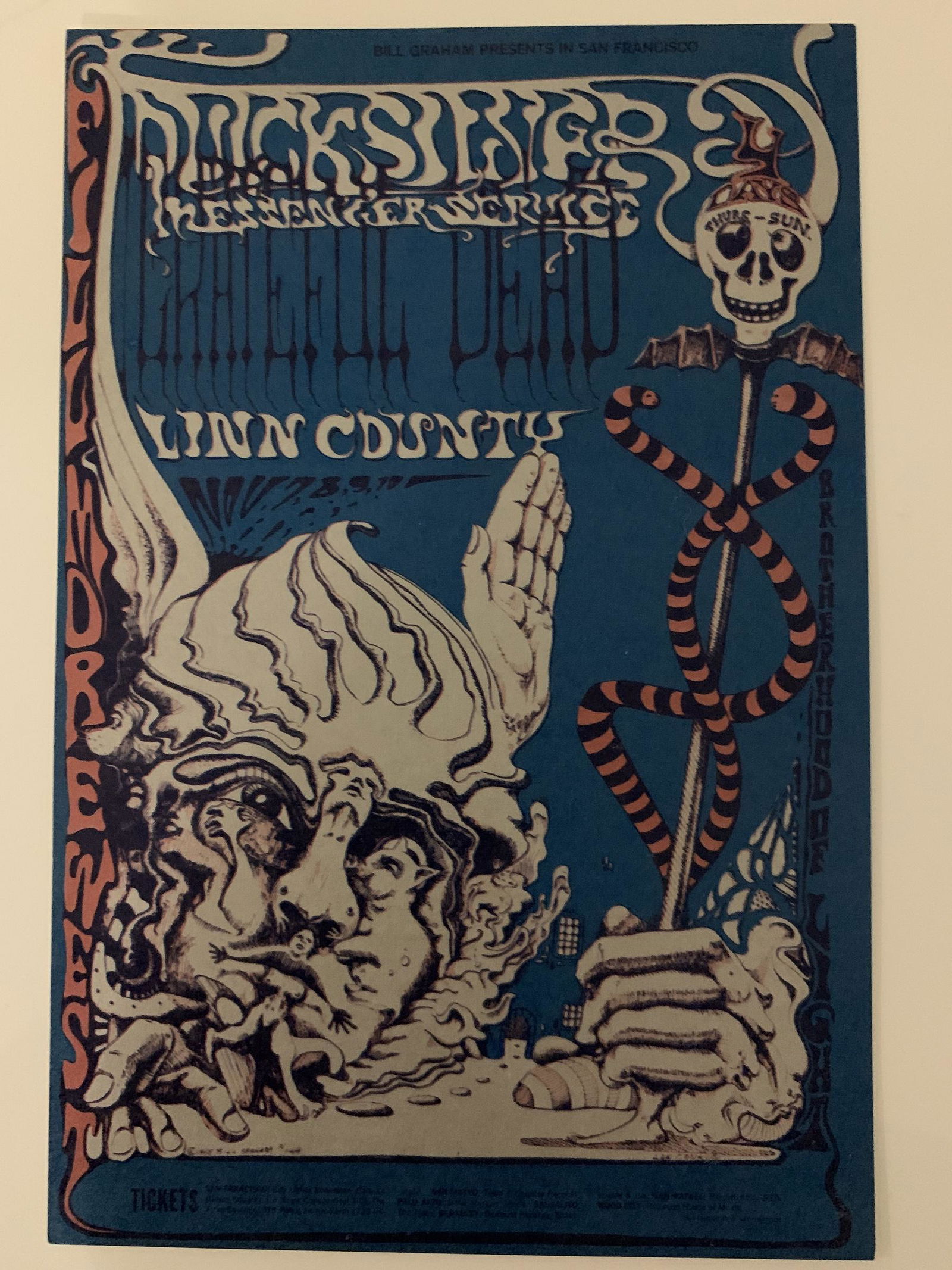 Bill Graham #BG 144, Fillmore West Post Card, 1968,: Bill Graham Presents #BG 144 Fillmore West Post Card, 1968, Fillmore West, San Francisco. Post Card Artists: Lee Conklin; Concert Performers: Grateful Dead, Quicksilver Messenger Service, Lynn County.