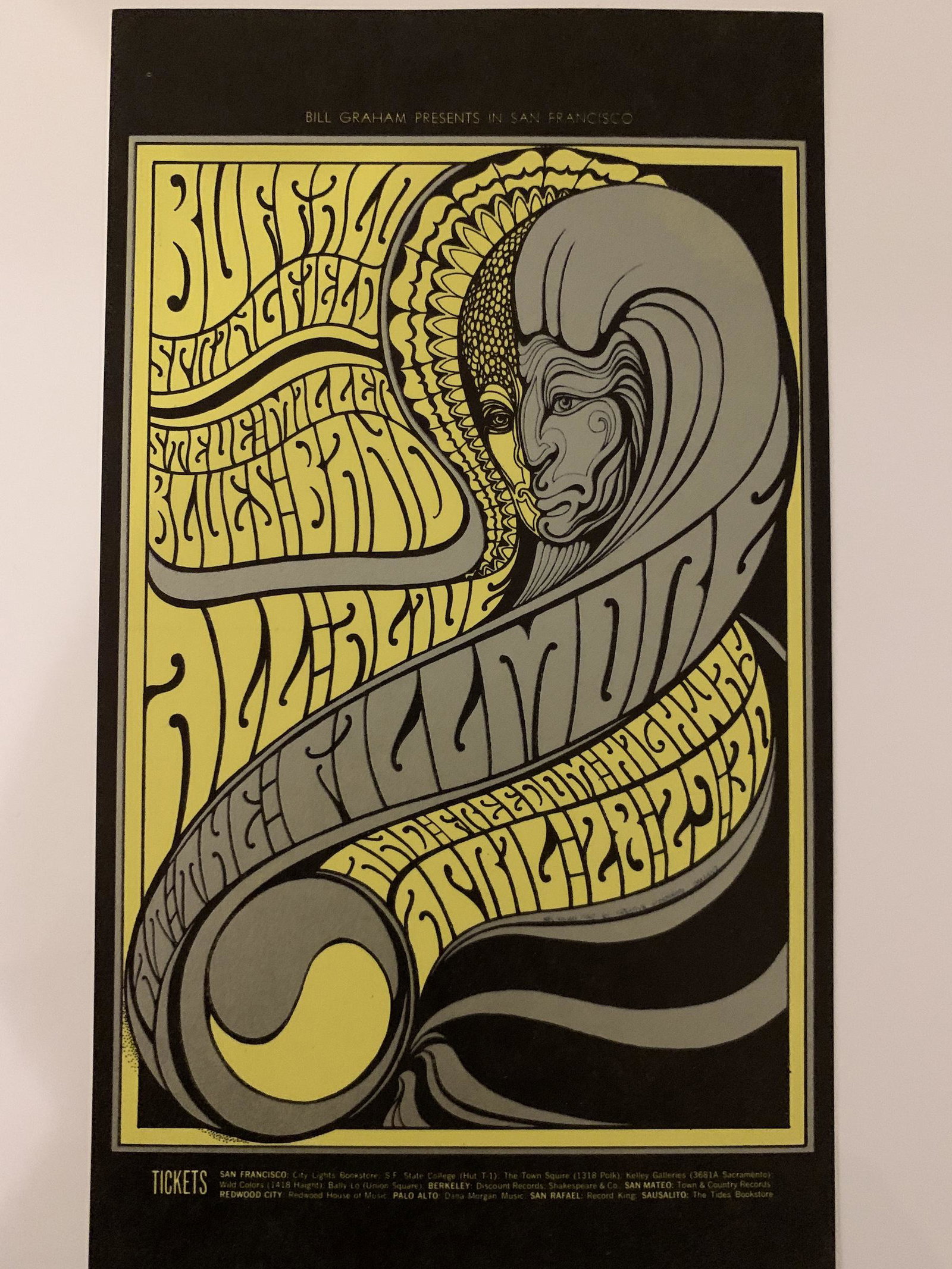 Buffalo Springfield Steve Miller 1967 BG 61 Fillmore: This is an ORIGINAL postcard/handbill (approx. 4 1/2" x 8", and printed prior to the shows) that was used to promote a series of shows during the heyday of the historic Fillmore Auditorium in San Fran