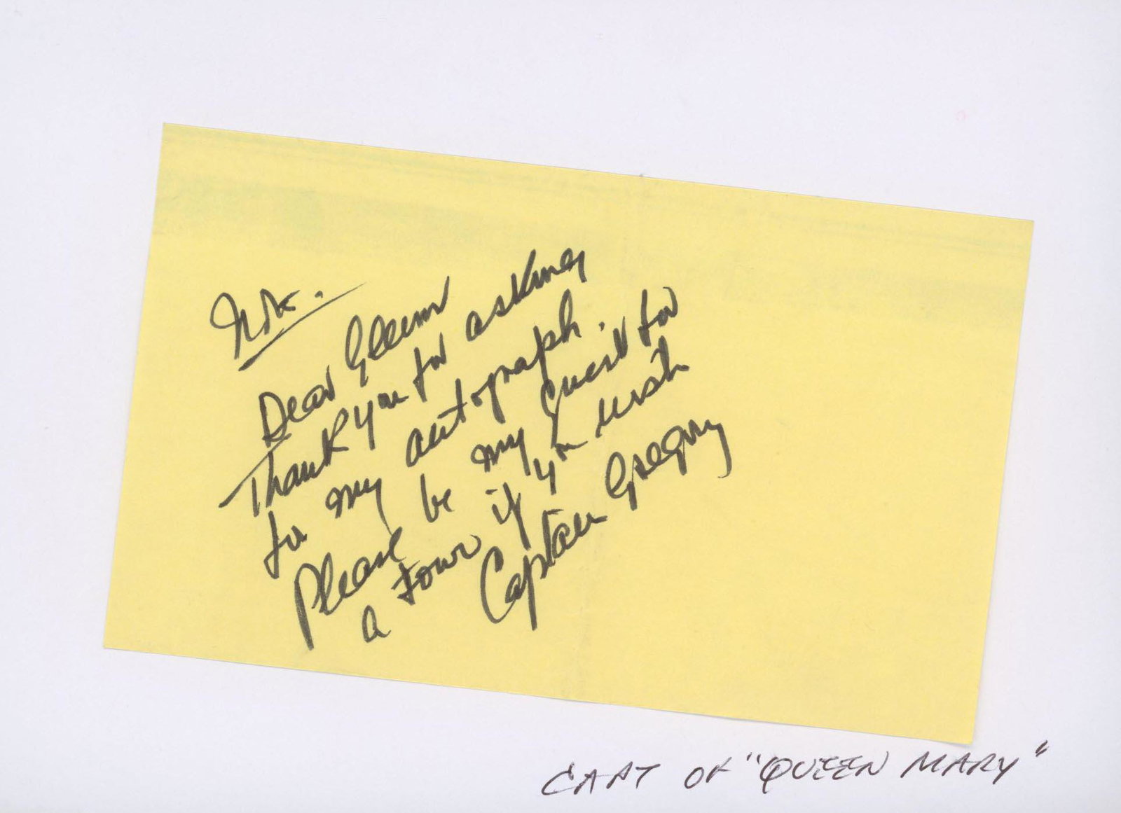 Captain John Gregory signed note: Captain John Gregory signed note