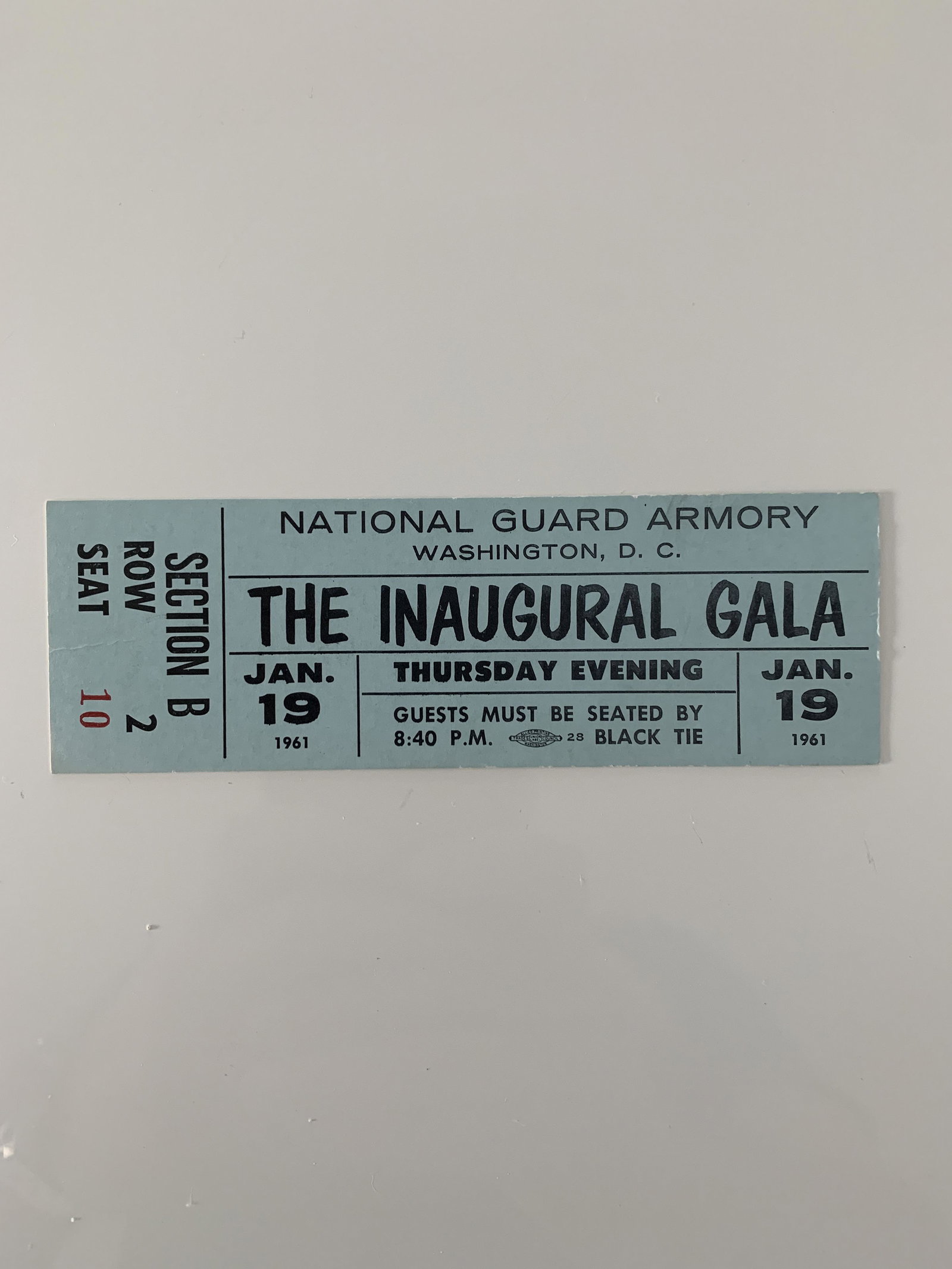 1961 National Guard Armory Inaugural Gala ticket: VINTAGE INAUGURAL GALA TICKETSfor JOHN F. KENNEDY at the National Guard ArmoryJanuary 19, 1961. Unsigned 2x5 inches