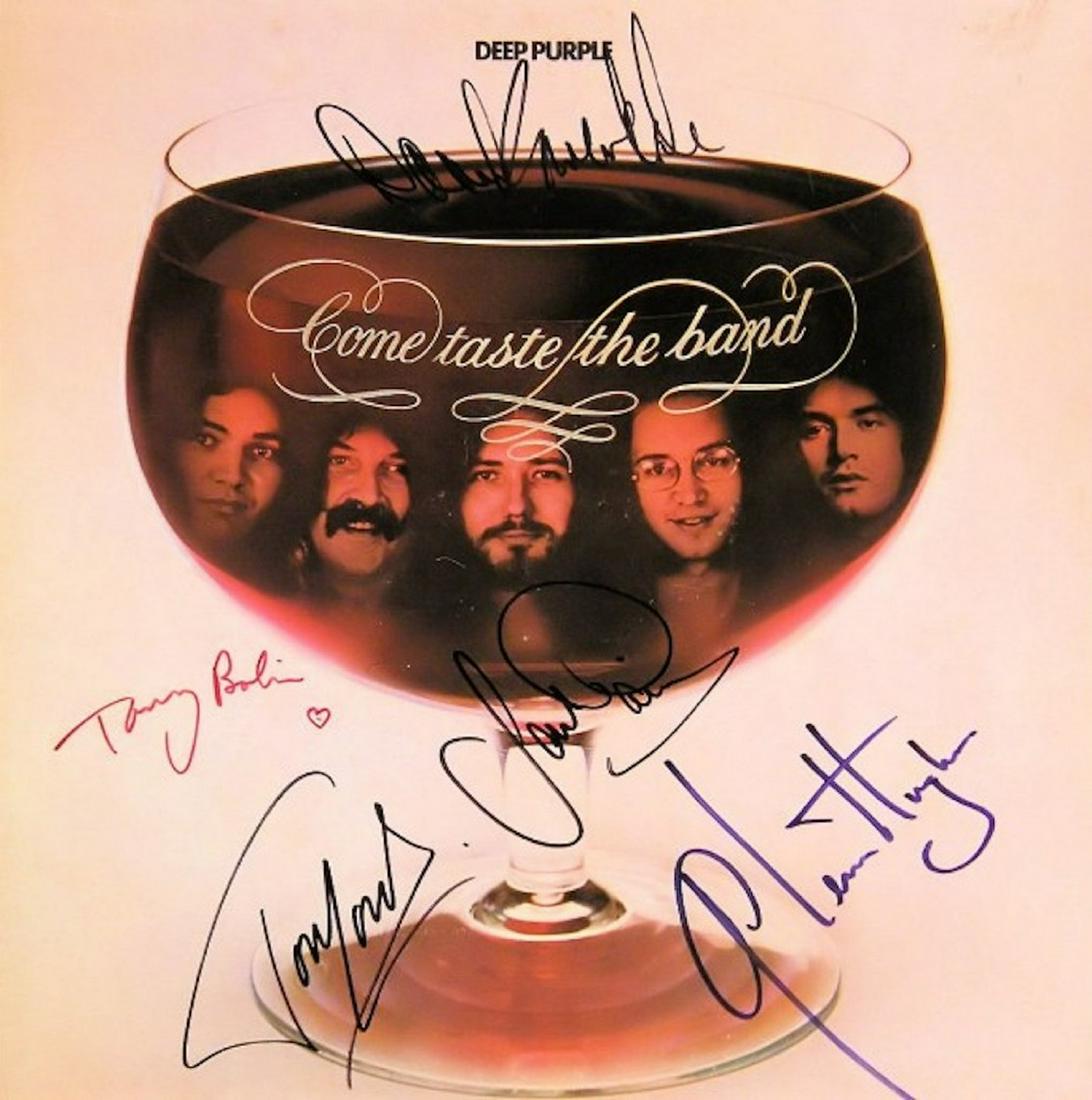 Deep Purple Come Taste The Band signed album: Deep Purple Come Taste The Band - 1975 signed album autographed by David Coverdale, Glenn Hughes, Jon Lord, Ian Paice and Tommy Bolin