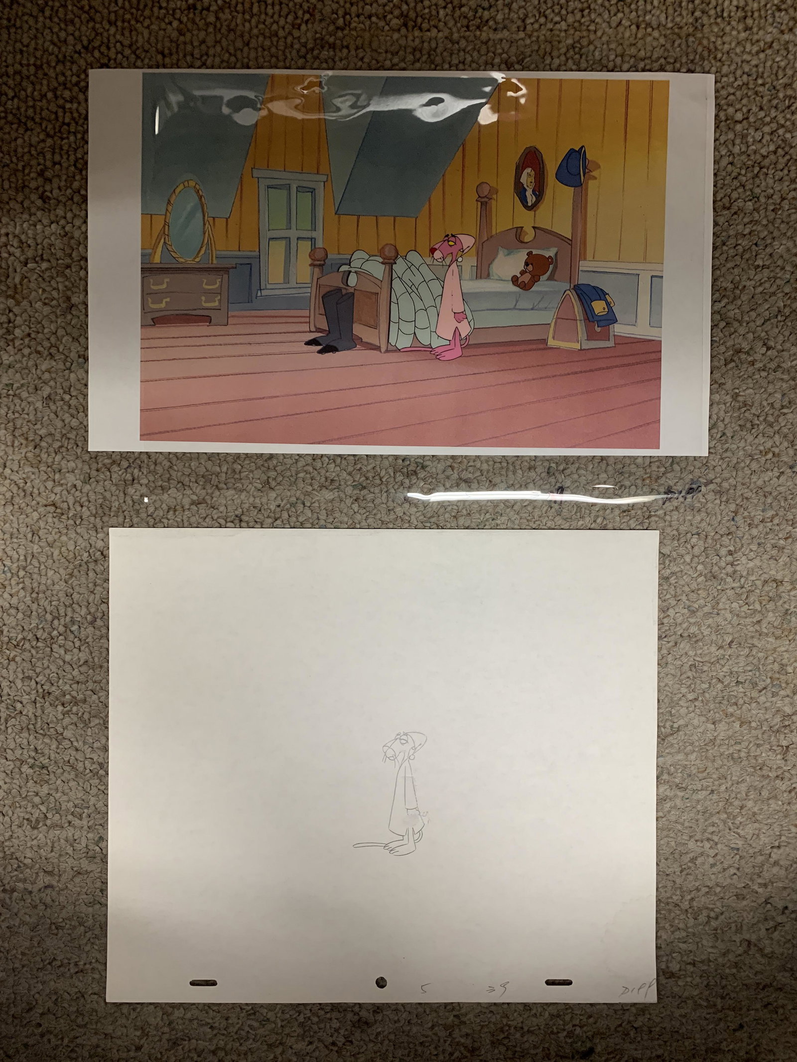 Pink Panther original art cel and sketch with printed: Pink Panther original art cel and sketch with printed background. 10x12 inches