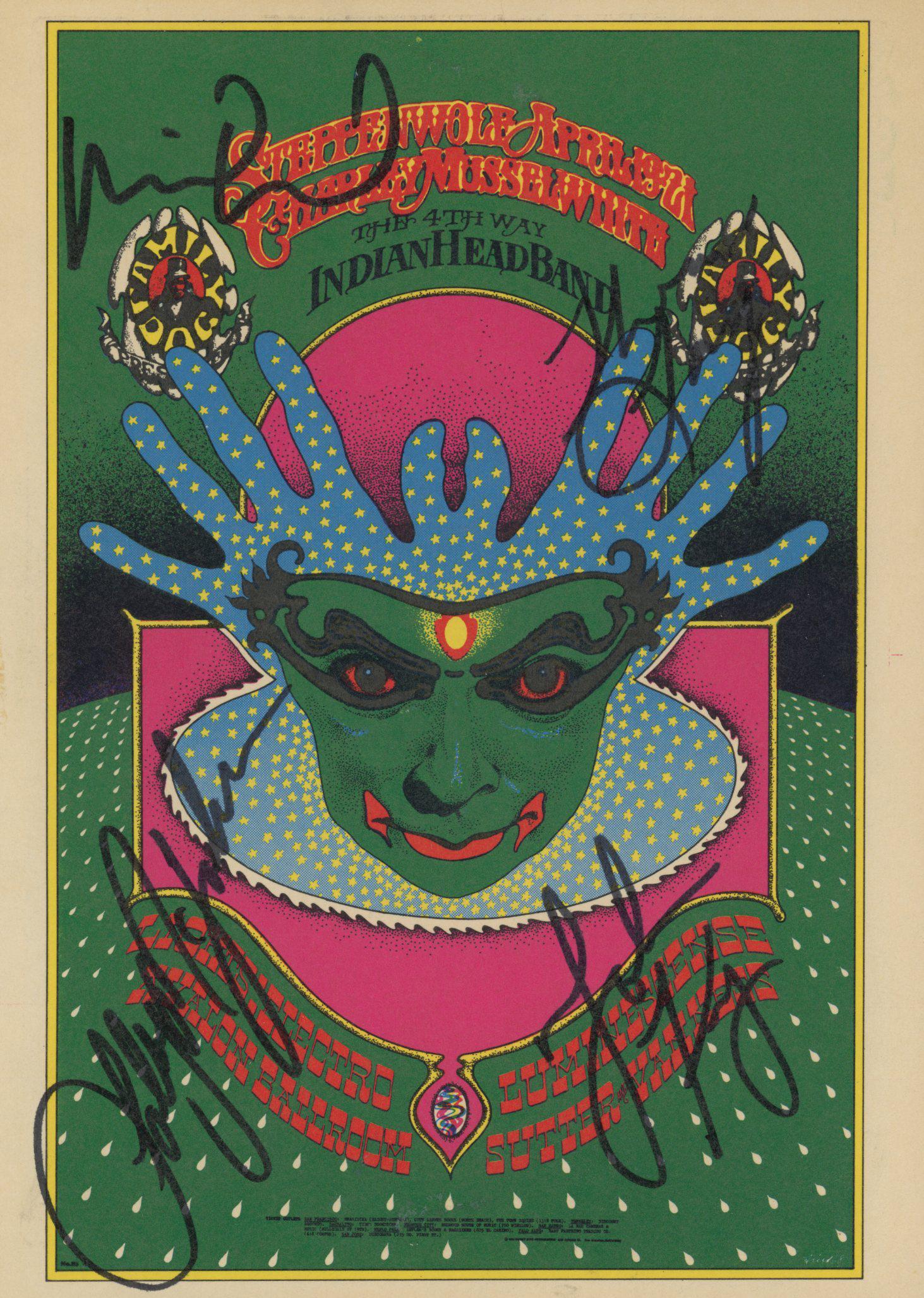 Fillmore card signed by "Steppenwolf": Steppenwolf Fillmore card autographed by John Kay, Goldy McJohn, Michael Monarch, and Jerry Edmonton.