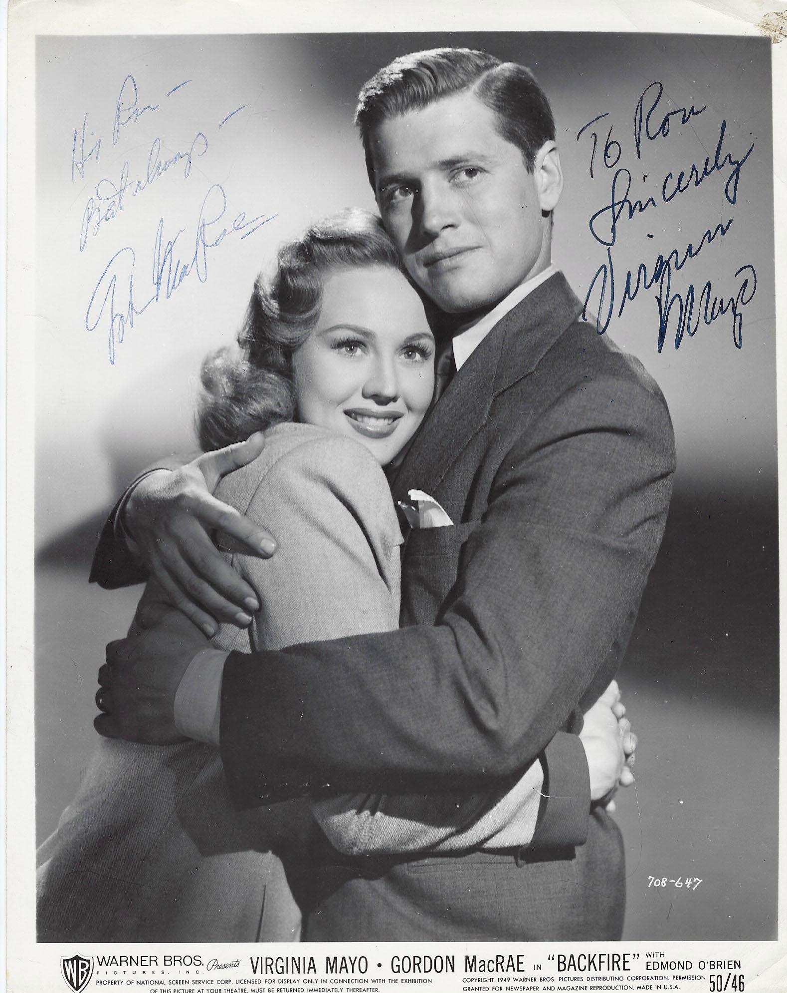 Backfire Virginia Mayo and Gordon MacRae signed movie: Backfire signed movie photo autographed by Virginia Mayo and Gordon MacRae. 8x10 inches