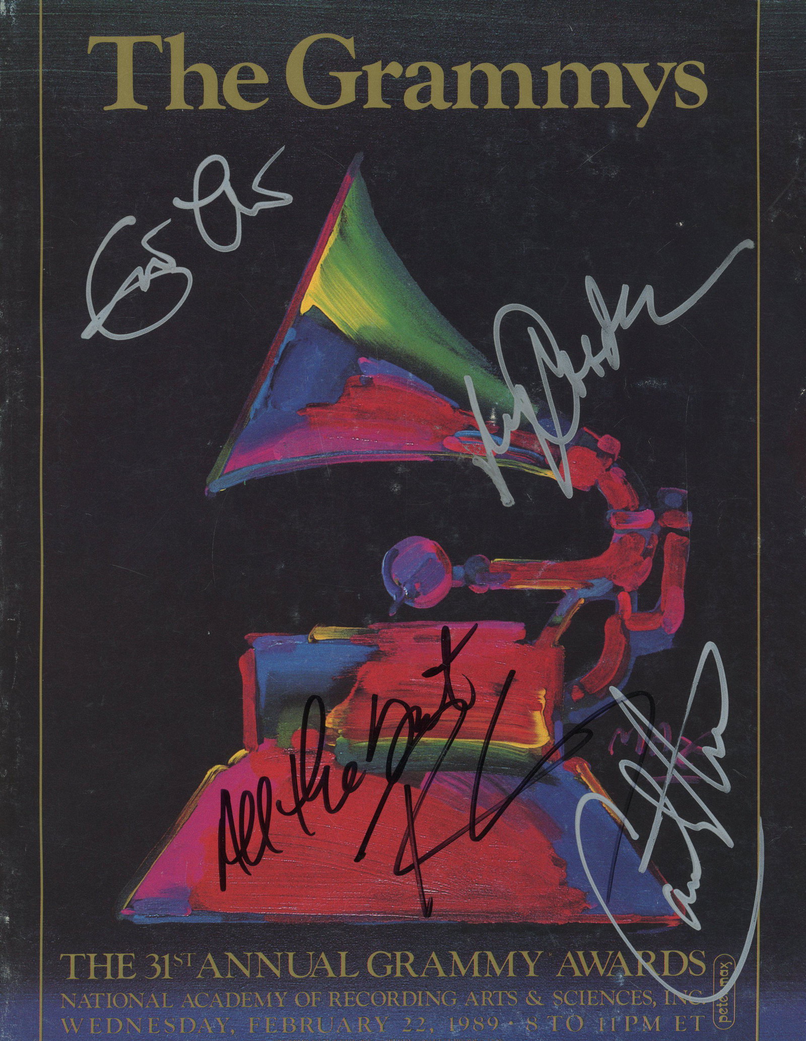 Eric Clapton signed Grammy Awards attendees program: The 31st Anuual Grammy Awards signed book autographed by Eric Clapton, Carlos Santana, Robert Cray
