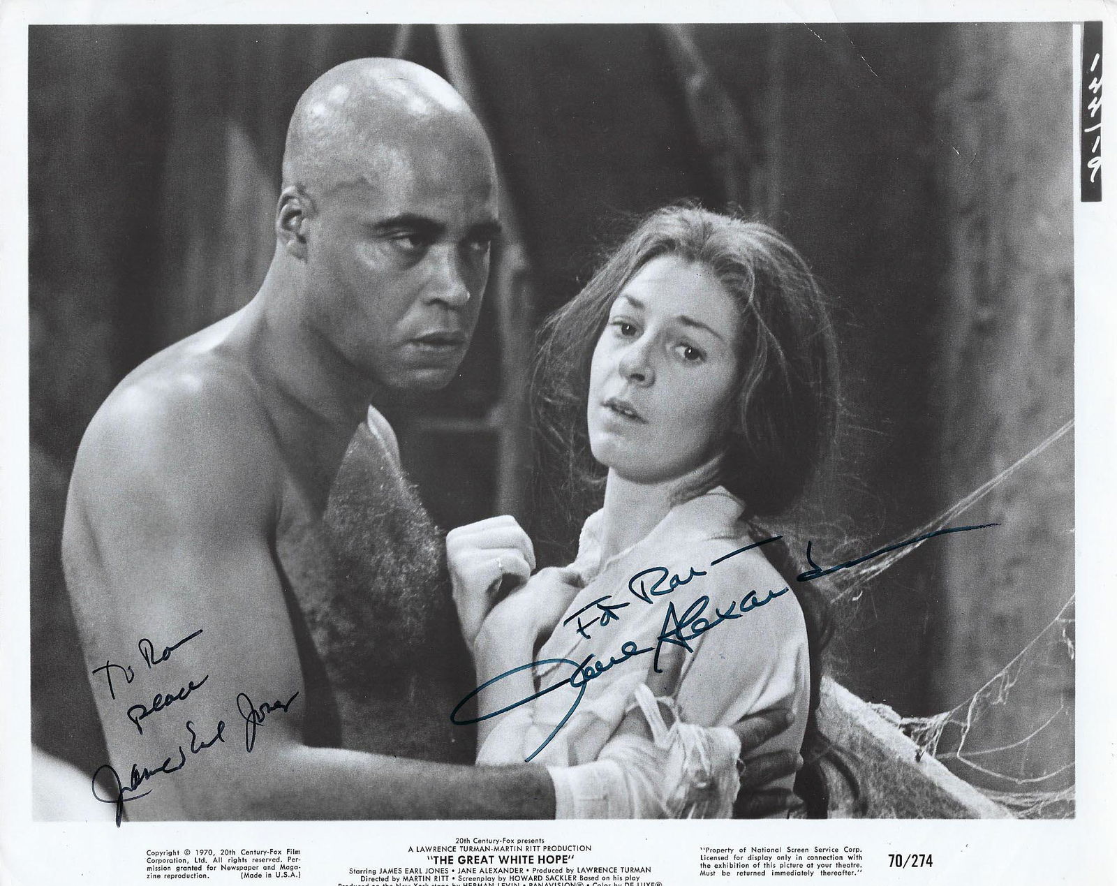 The Great White Hope James Earl Jones and Jane: The Great White Hope signed movie photo autographed by James Earl Jonesand Jane Alexander. 8x10 inches