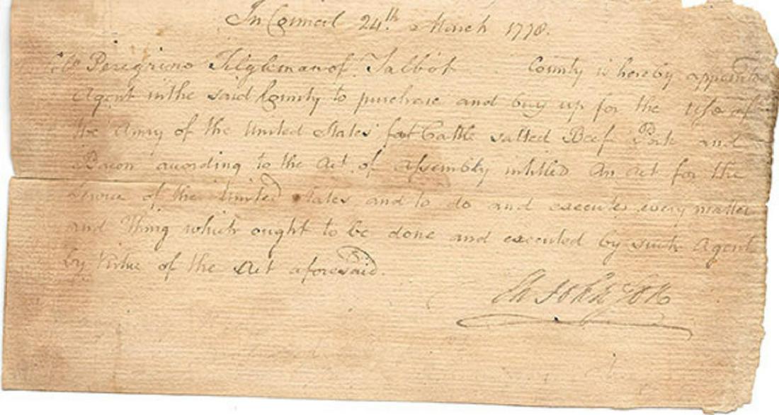 Thomas Johnson signed letter: Autograph document signed, one page, 4”x8”, In Council, 24 March 1778. Col. Perigrino Tilghman of Talbot County is hereby appointed agent in the said County to purchase and buy up for the