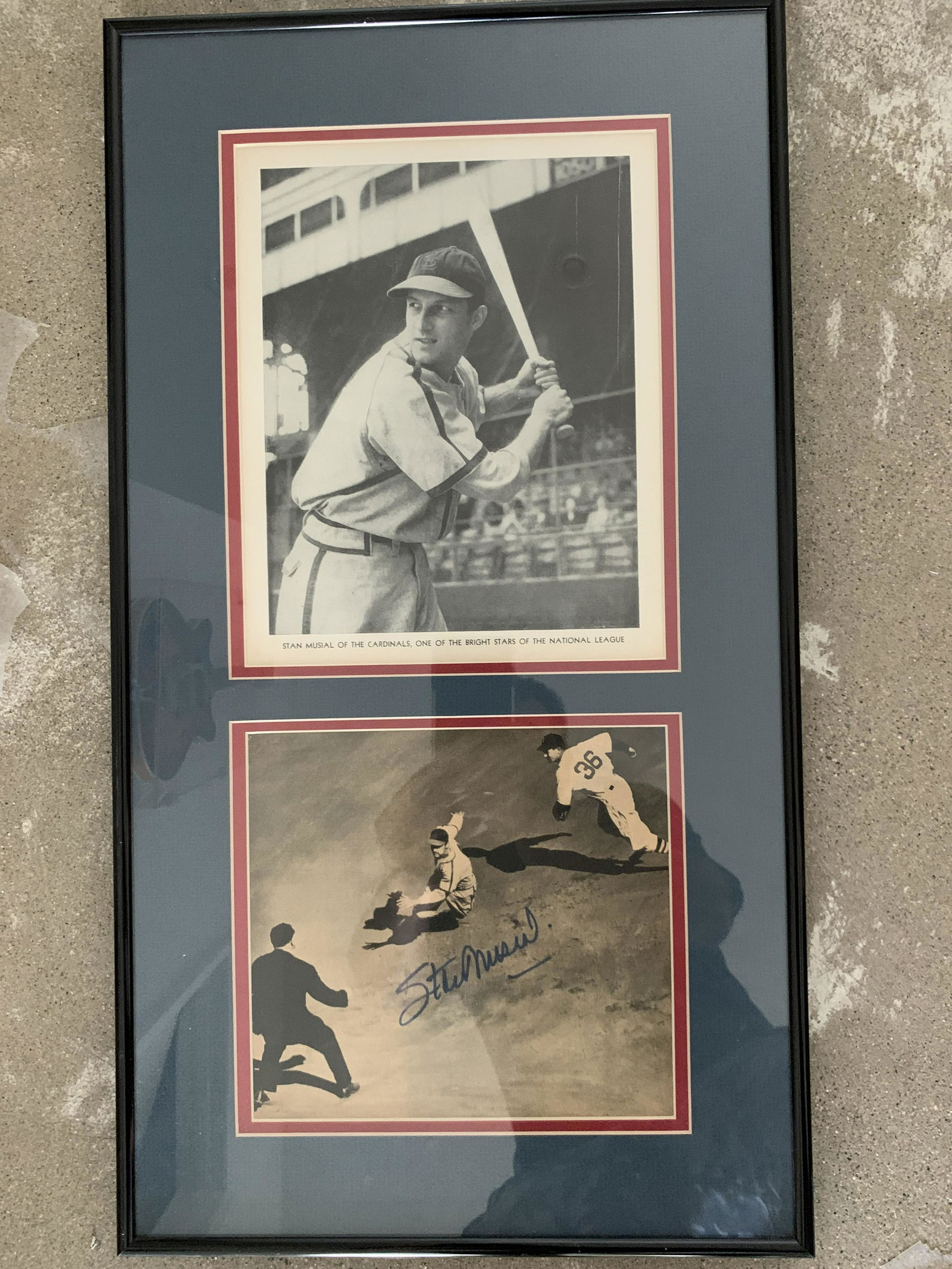 St. Louis Cardinals Stan Musial signed photo and: St. Louis Cardinals Stan Musial signed photo and collage. Custom matte, framed 13x24 inches