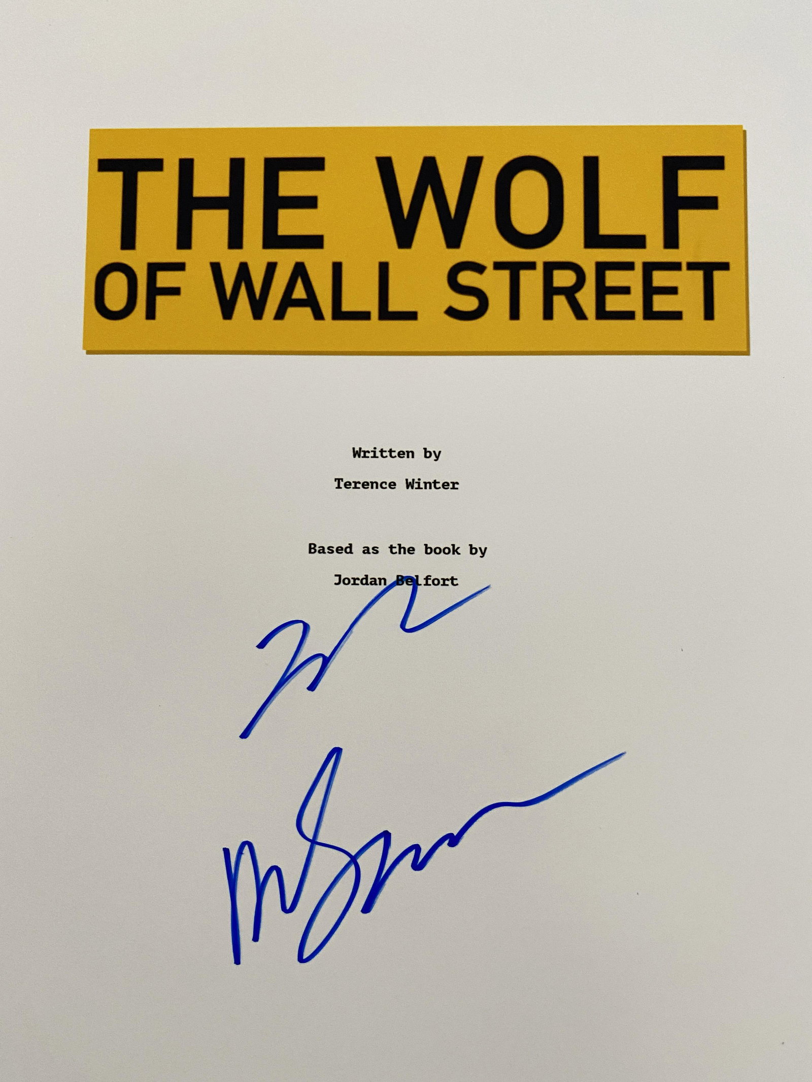 The Wolf of Wall Street signed script cover: The Wolf of Wall Street signed script cover autographed by Leonardo DiCaprio and Martin Scorsese. 8.5x11 inches